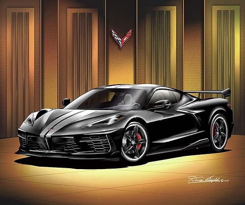 2020 C8 Corvette Stingray - Impresión artística de Danny Whitfield - con ruedas de radios de carbono flash - Tamaño 20 x 24