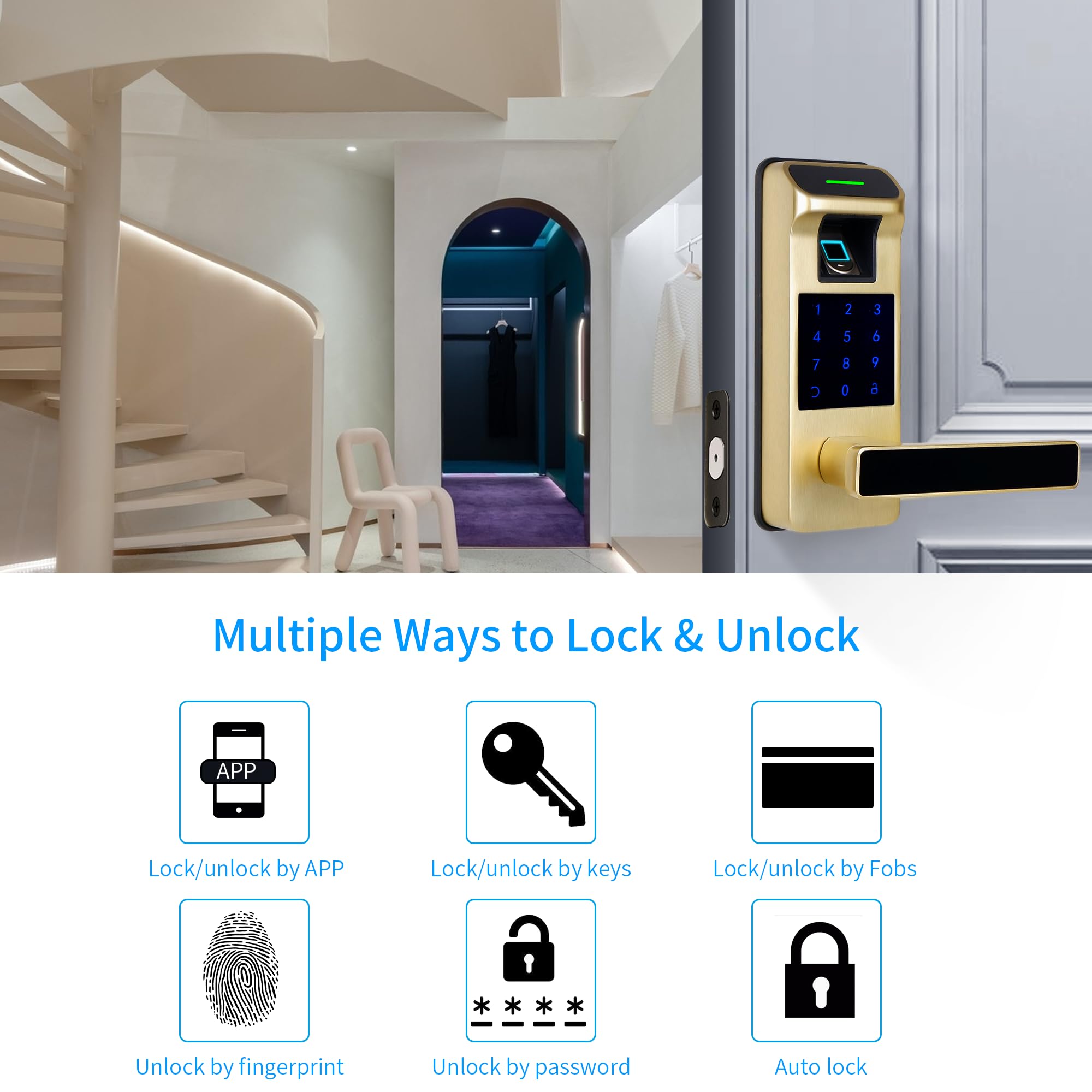 Serratura per porta con impronte digitali, resistente, senza chiave, serratura intelligente 5 in 1, con tastiera touchscreen, serratura senza chiave con maniglia reversibile, serratura con