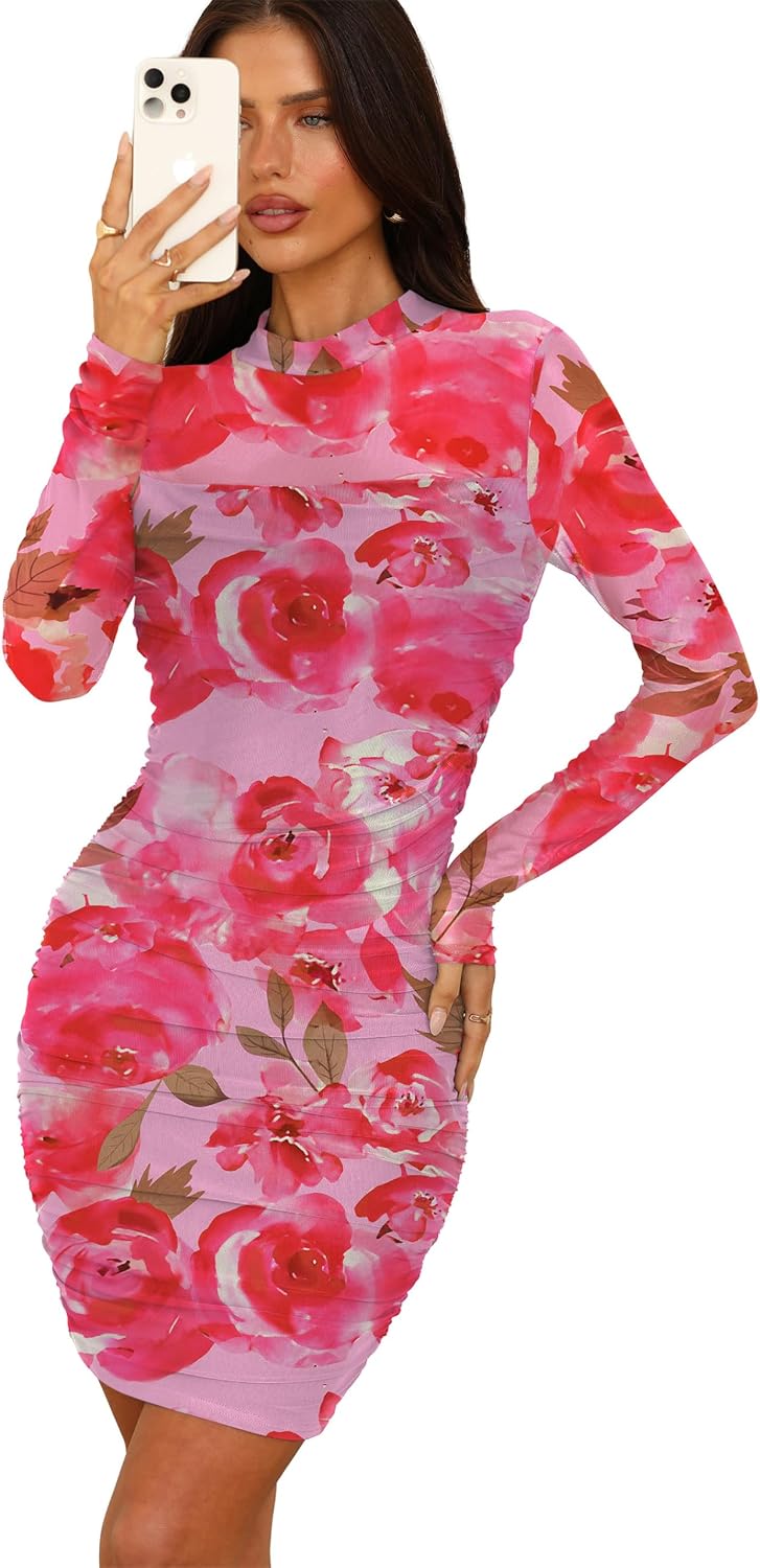 WIHOLL Women's Mesh Sheer Long Sleeve Ruched Mini Dress Sexy Bodycon Mock Neck Cocktail Party Club Spring Dresses 2026 image 3