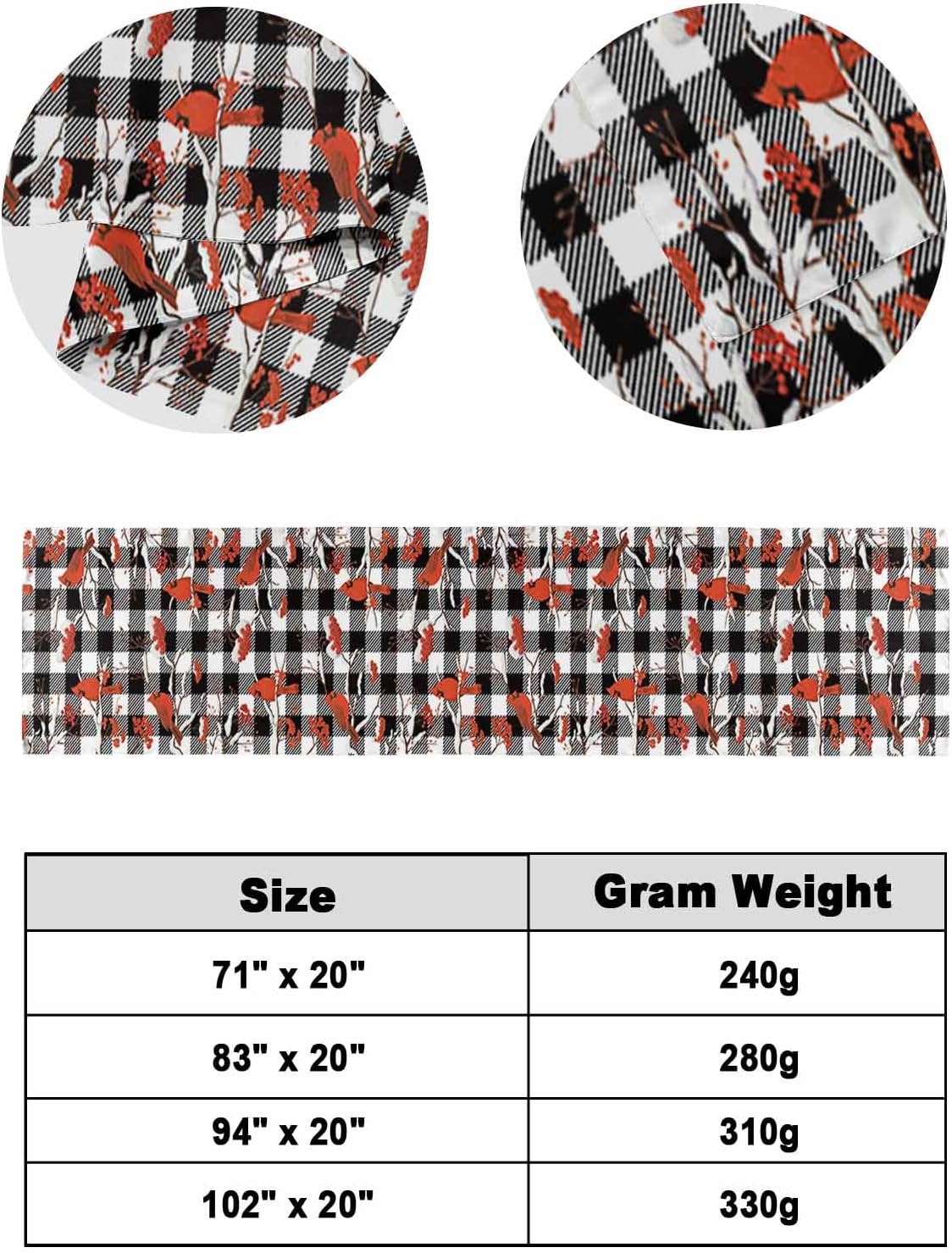 Christmas Bed Runner Scarf Christmas Winter Snow Cardinalis Black White Plaid Bedding Scarf Decorative Bed Runners Cover for Home Bedroom Hotel Wedding Room Bed Scarf for Foot of Bed Queen 83x20in