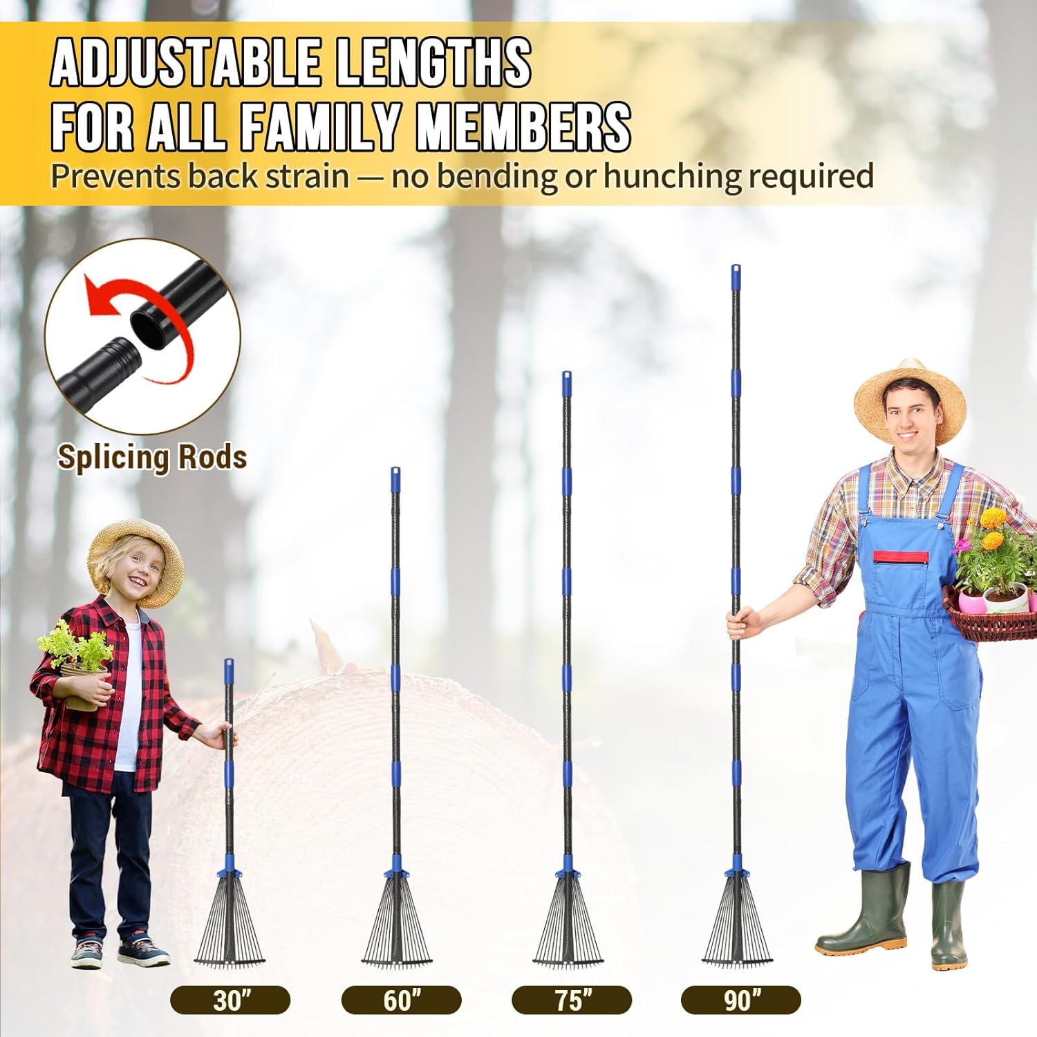Adjustable Leaf Rake, Heavy Duty Metal Rake for Leaves, Long Handle 30"-60" with Expandable Head 8"-17", Collapsible Small Rakes for Lawns, Gardening, Yard, Camping, Shrub, Grass, Bush, Weed, Debris