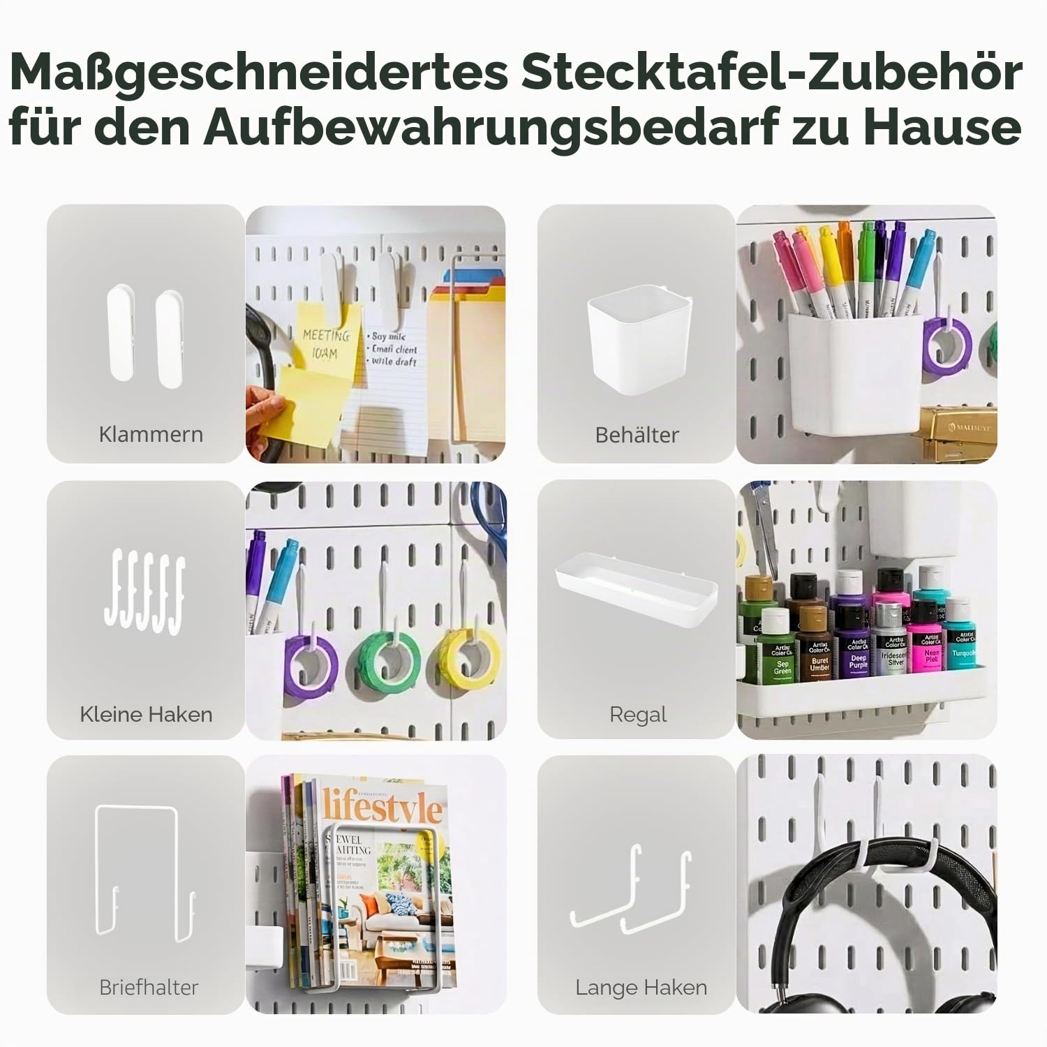 Keepo Stecktafel-Kombinationsset, Stecktafeln und Zubehör, modular zum Aufhängen für Wand-Organizer, Bastelorganisation, Ornament-Ausstellung, Kinderzimmer-Aufbewahrung, Stecktafel (Weiß, 22″×22″)