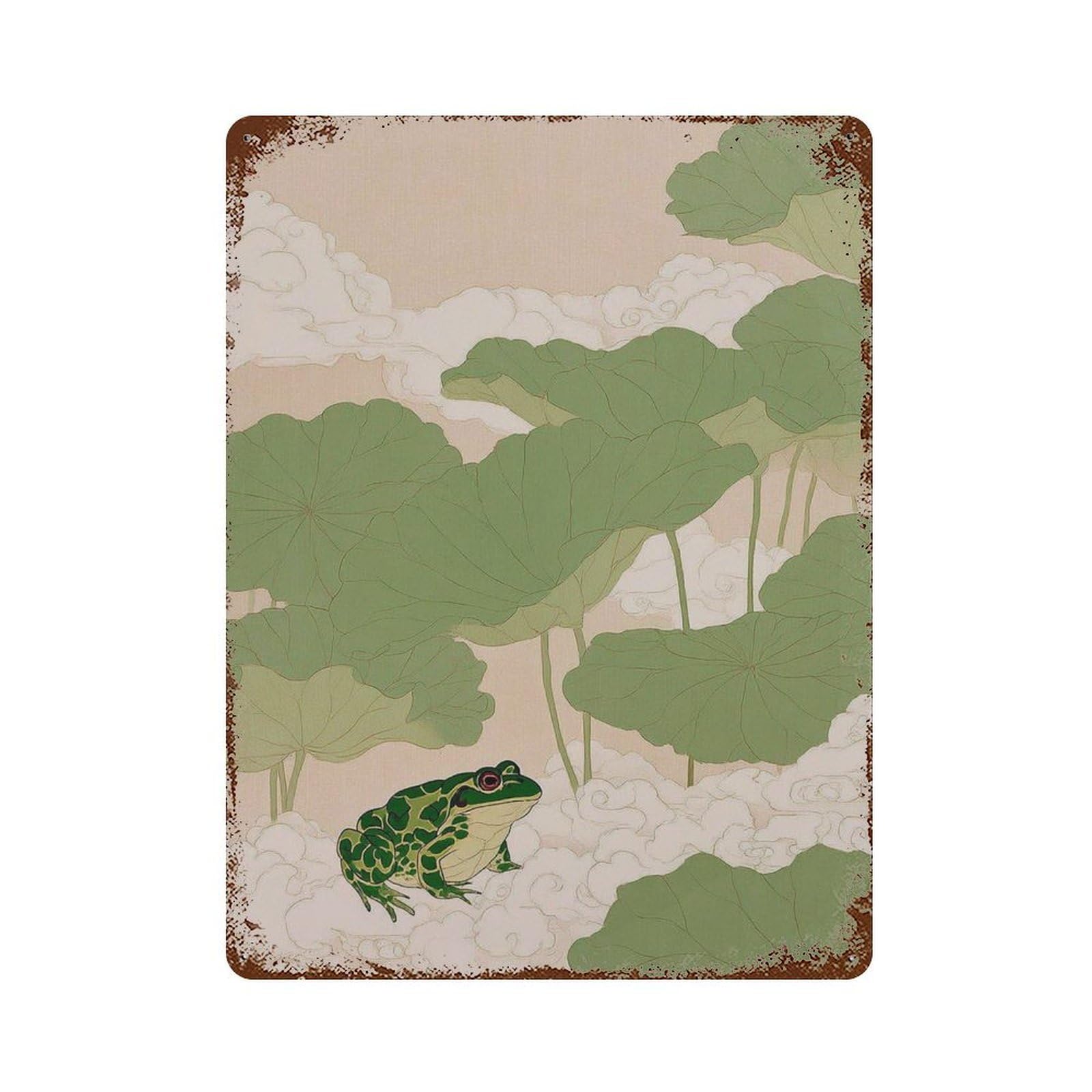 xiaoxiaoshen Japanese Lotus Leaf Green Botanical Frog Nature Minimal Asian Wall Decor Art Metal Tin Poster Modern Home Decor Art Home Bar Shop Decorations Vintage Sign 40x30cm