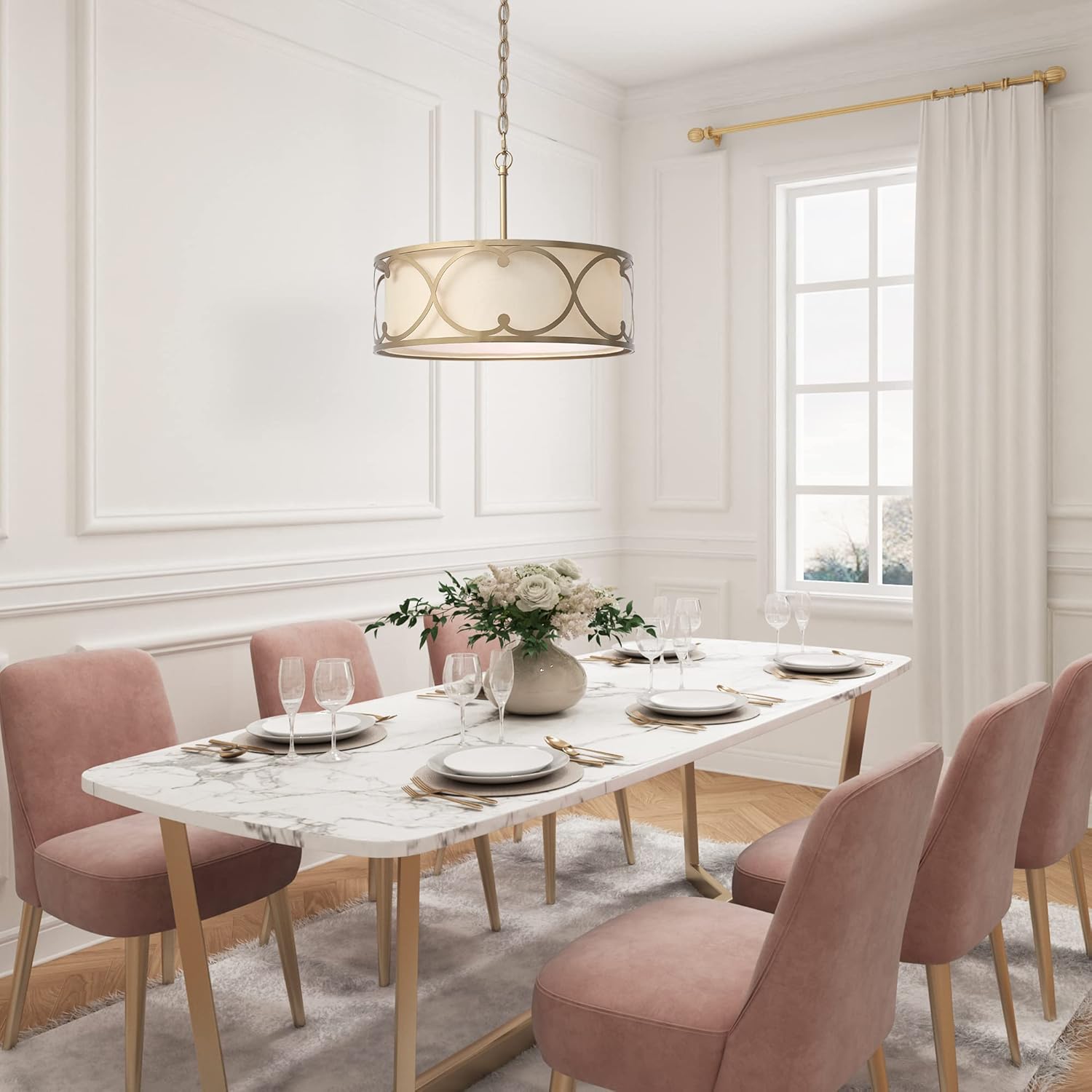 Durent Lighting Gold Drum Chandelier 3-Light Modern Pendant Lighting Fixture with Fabric Shade Dia 17.5” Hanging Light for Dining Room Bedroom Kitchen Foyer Living Room Entryway