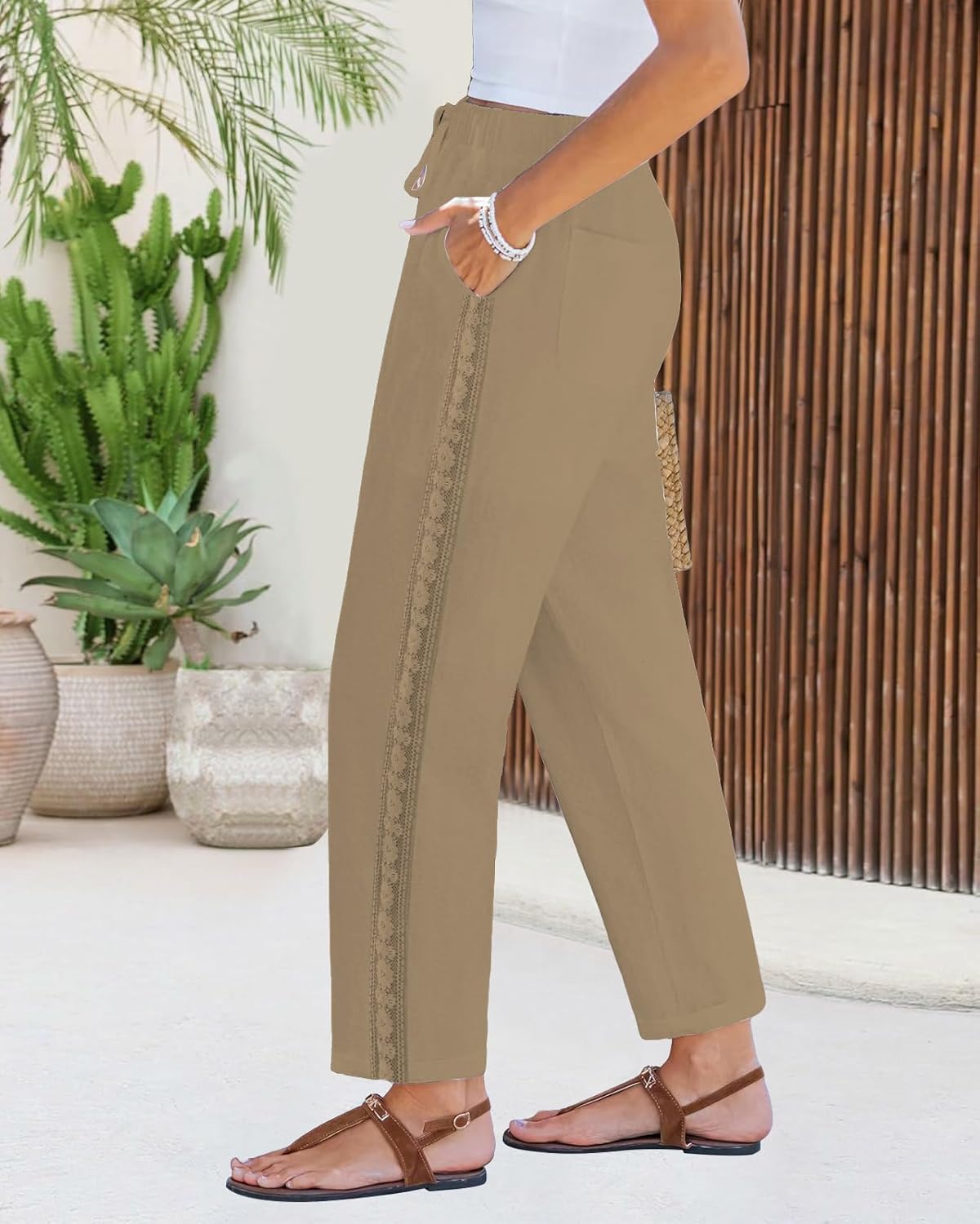 PIDOGYM Women's Linen Capri Pants, Lightweight Casual Summer Pants with Drawstring Elastic Waist & Lace Side - Image 5