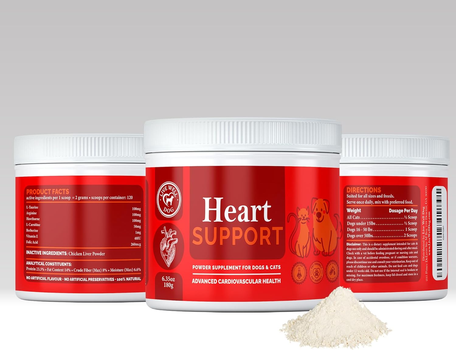 Heart Health Powder Topper for Dogs and Cats Taurine, L-Carnitine, Hawthorn & Antioxidants Cardiac & Circulation Support 6.35 oz (180g)