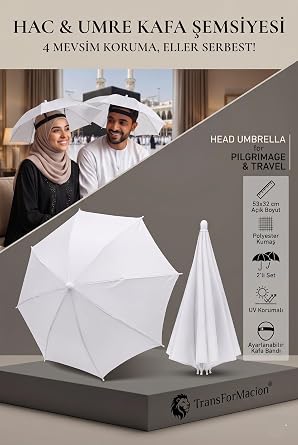 Transformacion Kafa Şemsiyesi, Beyaz, Hac Umre için Güneş Koruma, UV Korumalı, Ayarlanabilir Kafa Bandı, Hafif Polyester, 53x32 cm, 2 Adet