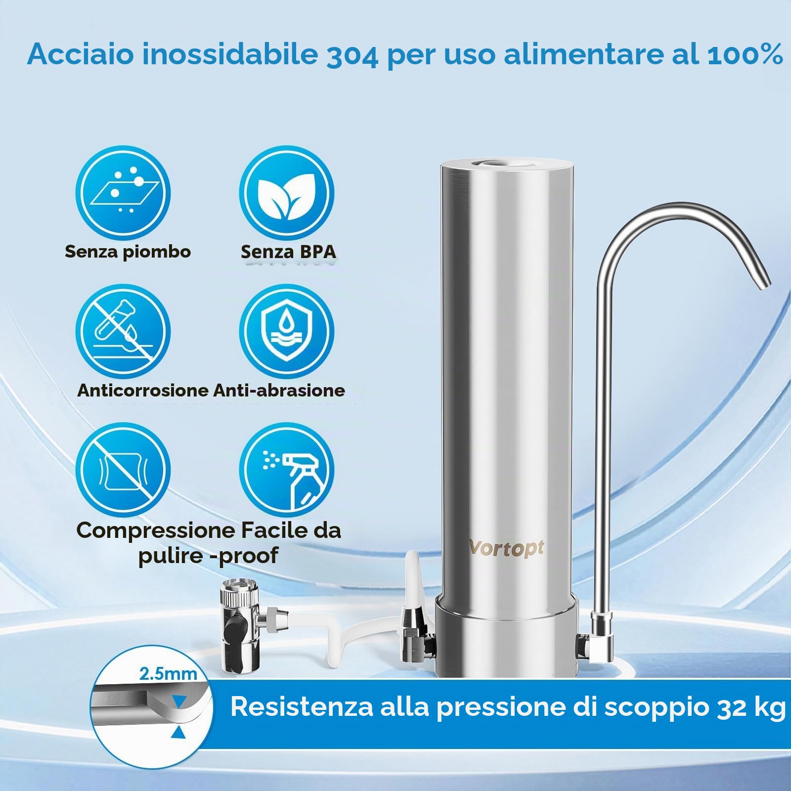 Vortopt Filtro Acqua da Banco,5 Stadi Depuratore Acqua Rubinetto,12 Mesi o 8000 Galloni a Lunga Durata,Riduce 99% Cloro,Metalli Pesanti,Cattivi Odori e Aggiunge Materiale Minerale,F7(Include 1 Filtro)