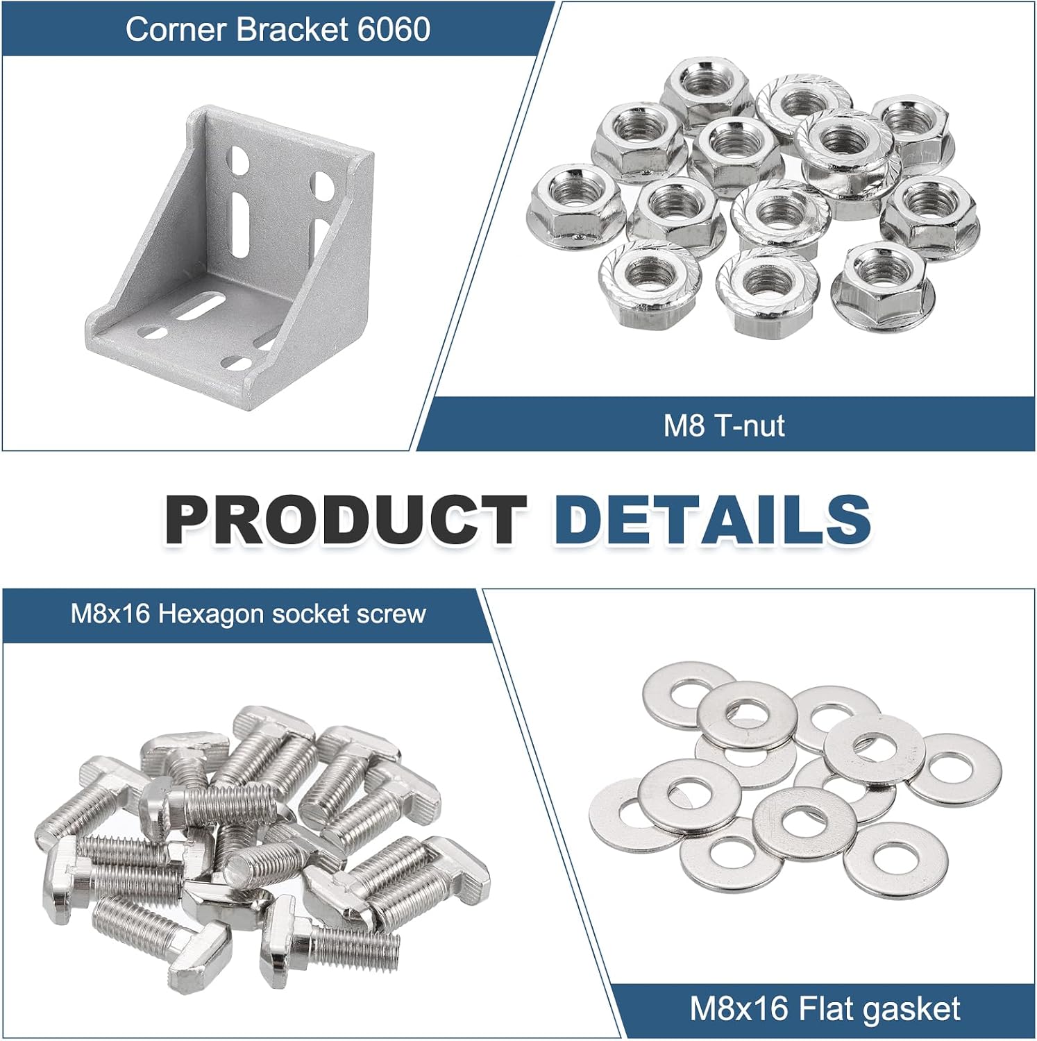 MECCANIXITY 2 Pcs 6060 Series Aluminum Extrusion Profile Connector, Corner Brackets Extruded Hardware with 16pcs M8x16 T-Bolts and M8 Flange nut