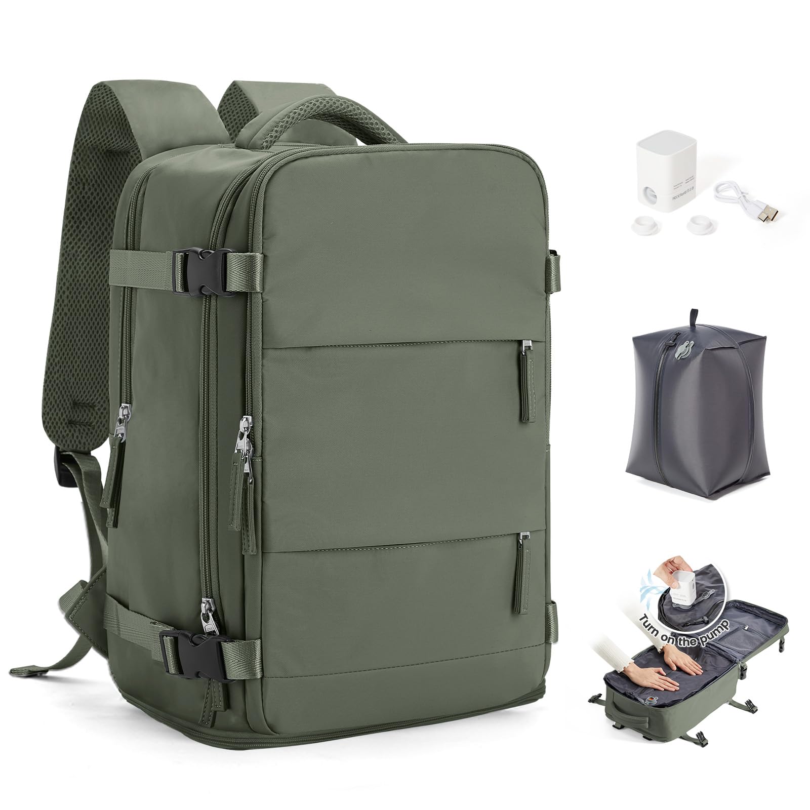 SEAFEW Zaino Sottovuoto da Viaggio con Pompa Borsa da Cabina per Ryanair 40x30x20 Aereo Bagaglio a Mano per Easyjet Impermeabile Lavoro e Scuola Trekking Casual Daypack per 14" laptop,H03-Verde