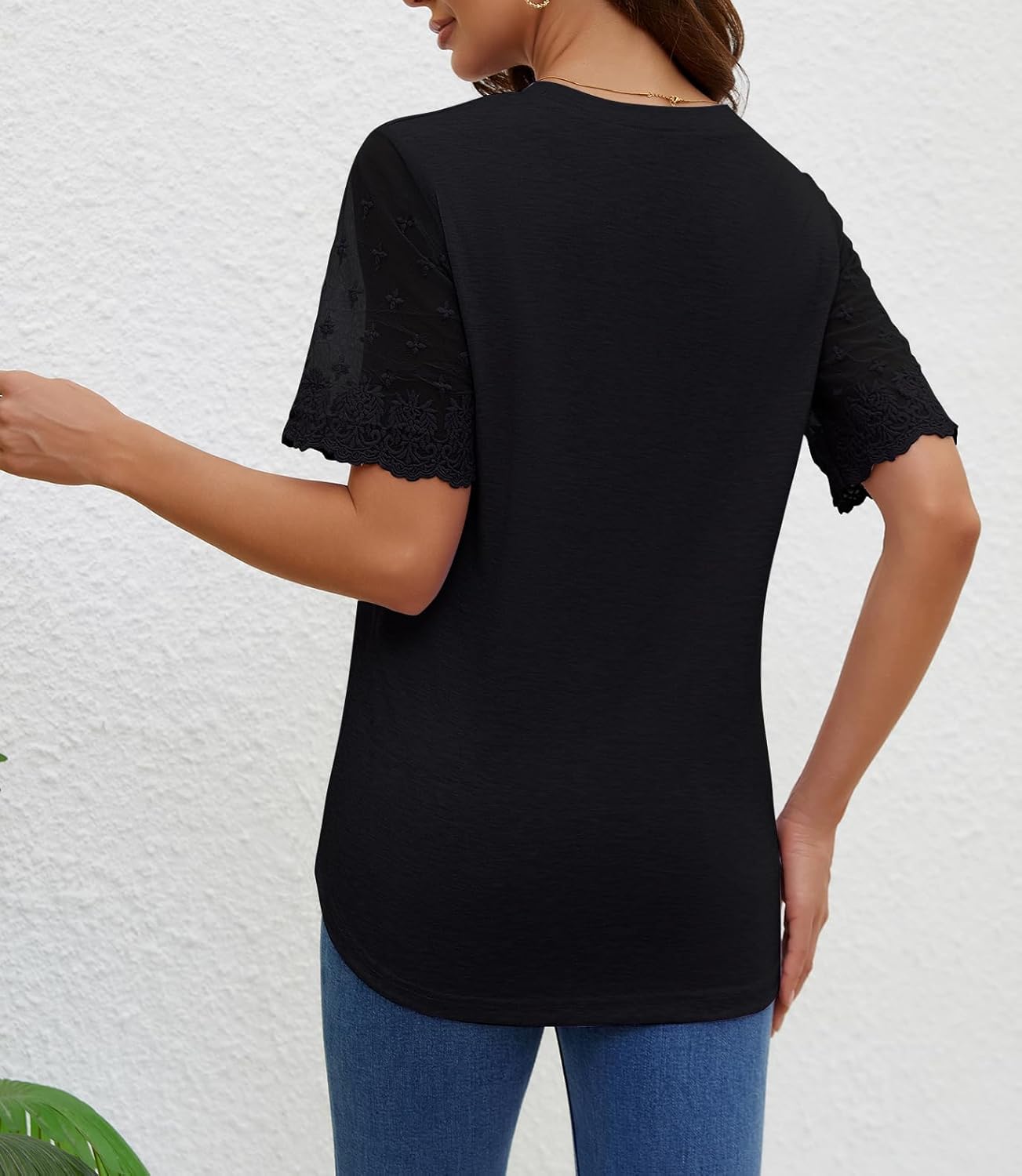 Women's Round Neck Lace Sleeve T-Shirts Casual Summer Loose Fit Tops - Image 4