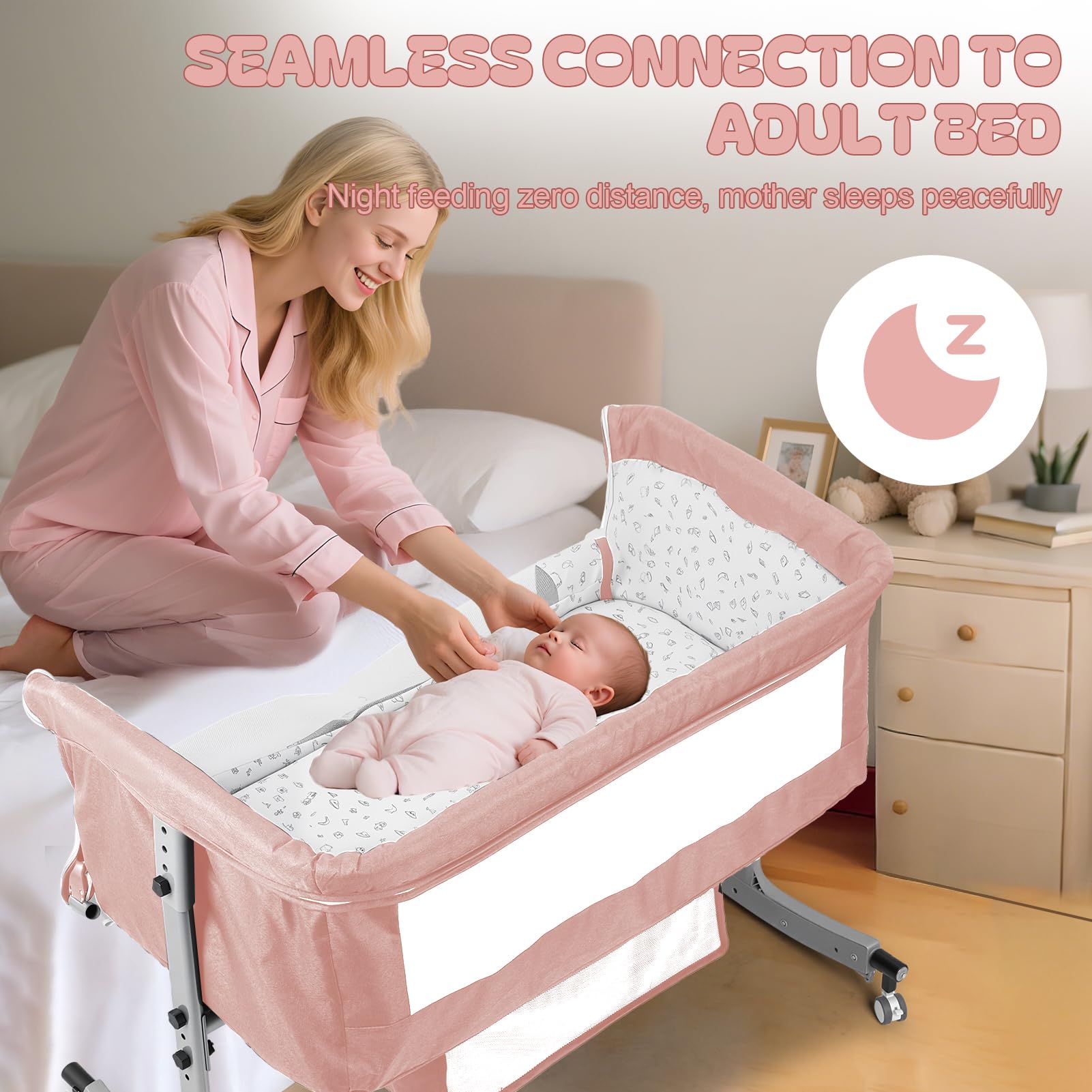 Lit bébé 4 en 1 Cododo réglable Hauteur Berceau Bascule avec Table à Langer Moustiquaire Rangement Rose