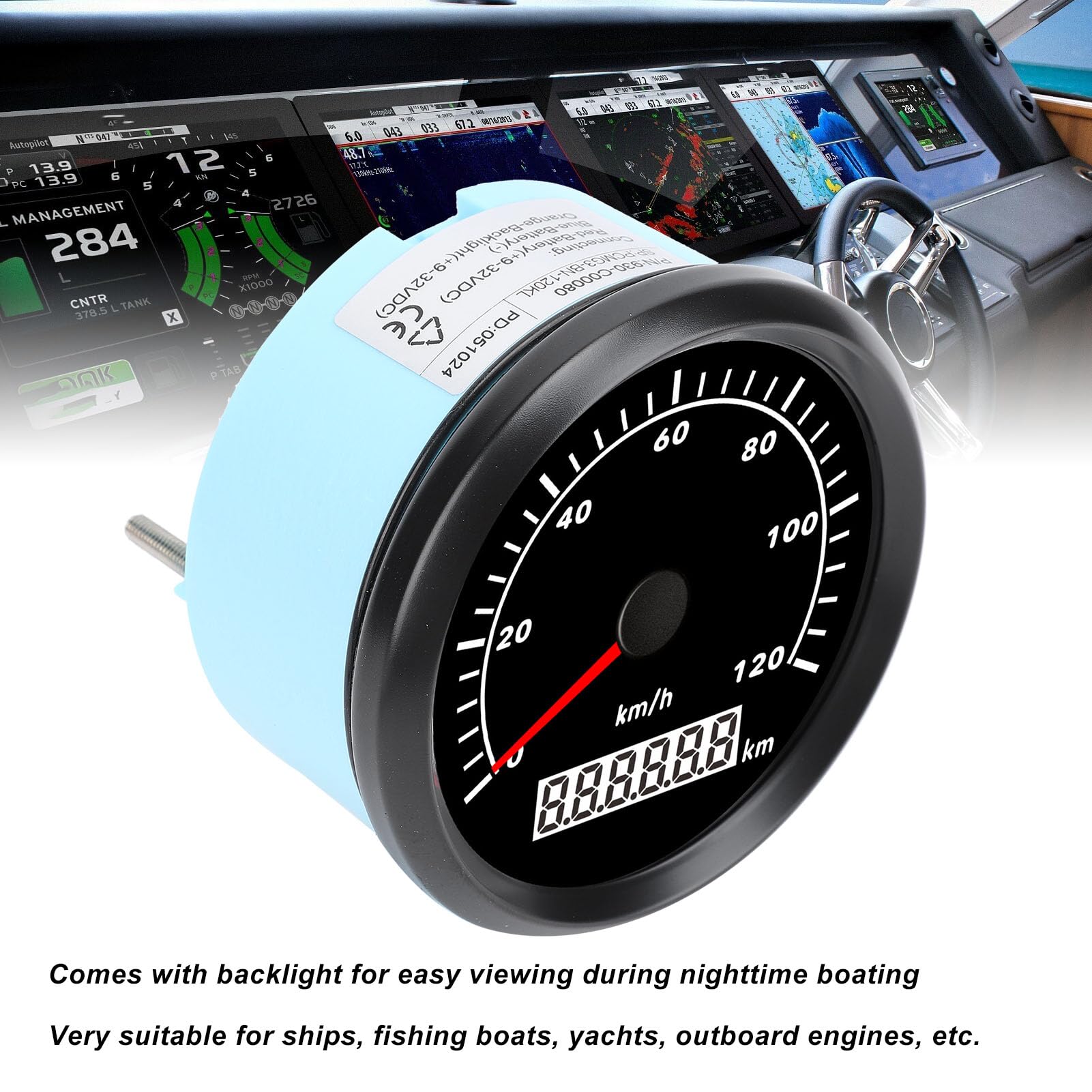 Marine Speed Gauge, Boat Digital Speedometer 7 Color Step Motor 0 to 120KM IP67 Easy to Read for Yacht RV Truck Motorcycle