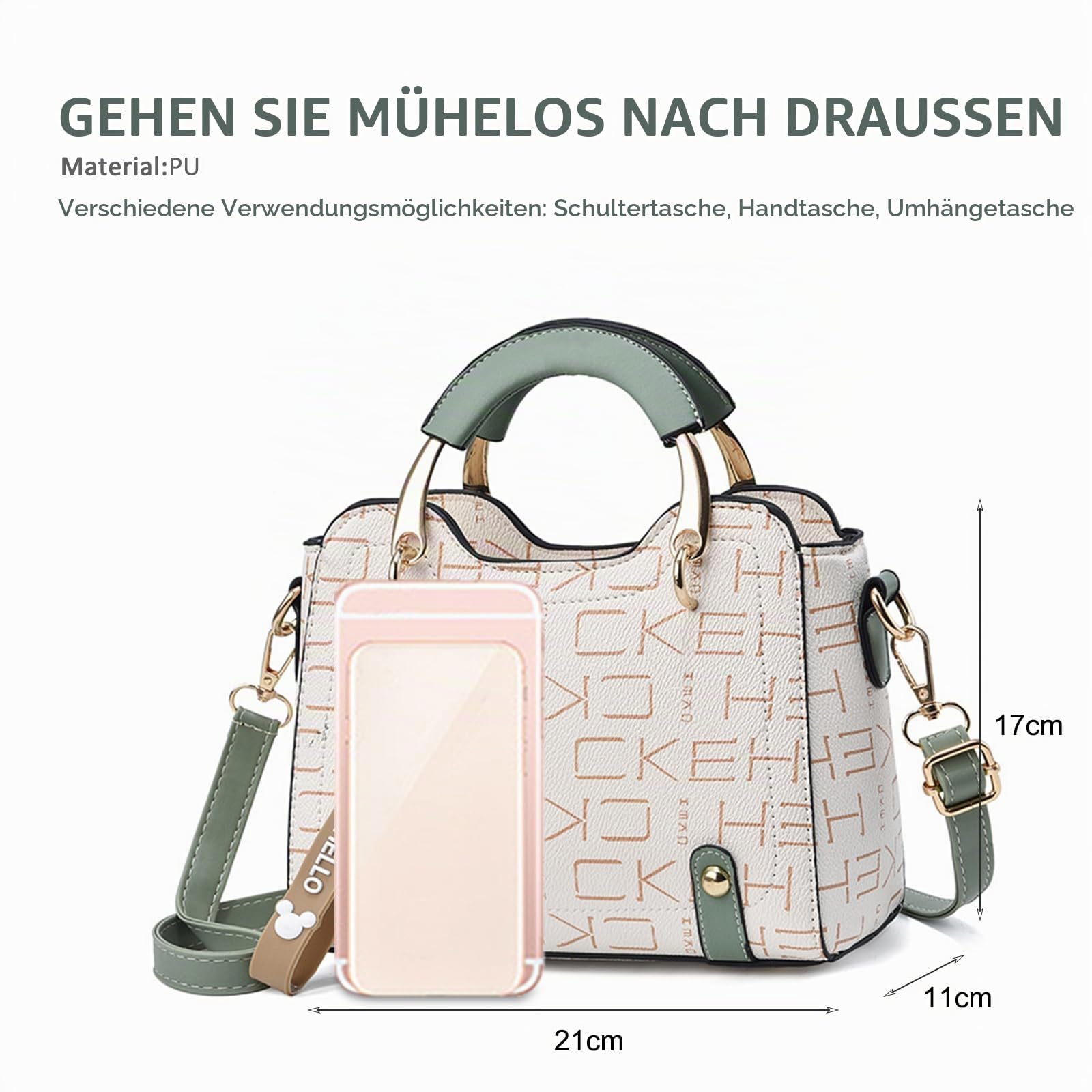 NICOLE & DORIS Handtasche Damen Klein Schultertaschen Mode Umhängetasche PU Leder Top Griff Tasche Mini Henkeltasche Mädchen Crossbody Bag mit Anhänger Grün mit Buchstaben