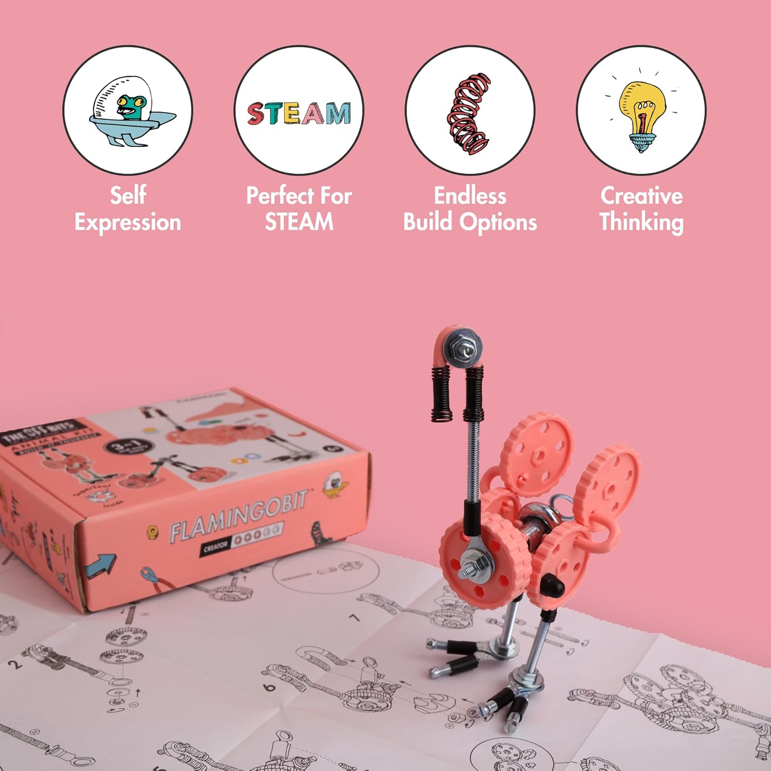The Off Bits Erector Set: Animal Mini STEM Toys for Kids 6+, Toy Building Sets with Nuts & Bolts, STEM Building Toys Gifts for Boys and Girls (Pink Flamingo)