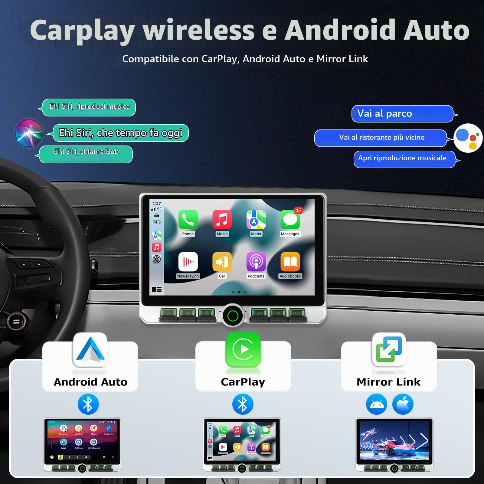 4G+64G CarPlay 2 Din Autoradio con Navigazione GPS, 10,1 Pollici Android Auto Doppia Din Car Stereo, Bluetooth, FM/RDS Radio, WiFi, Assistente Vocale, Schermo Diviso +Backup Telecamera