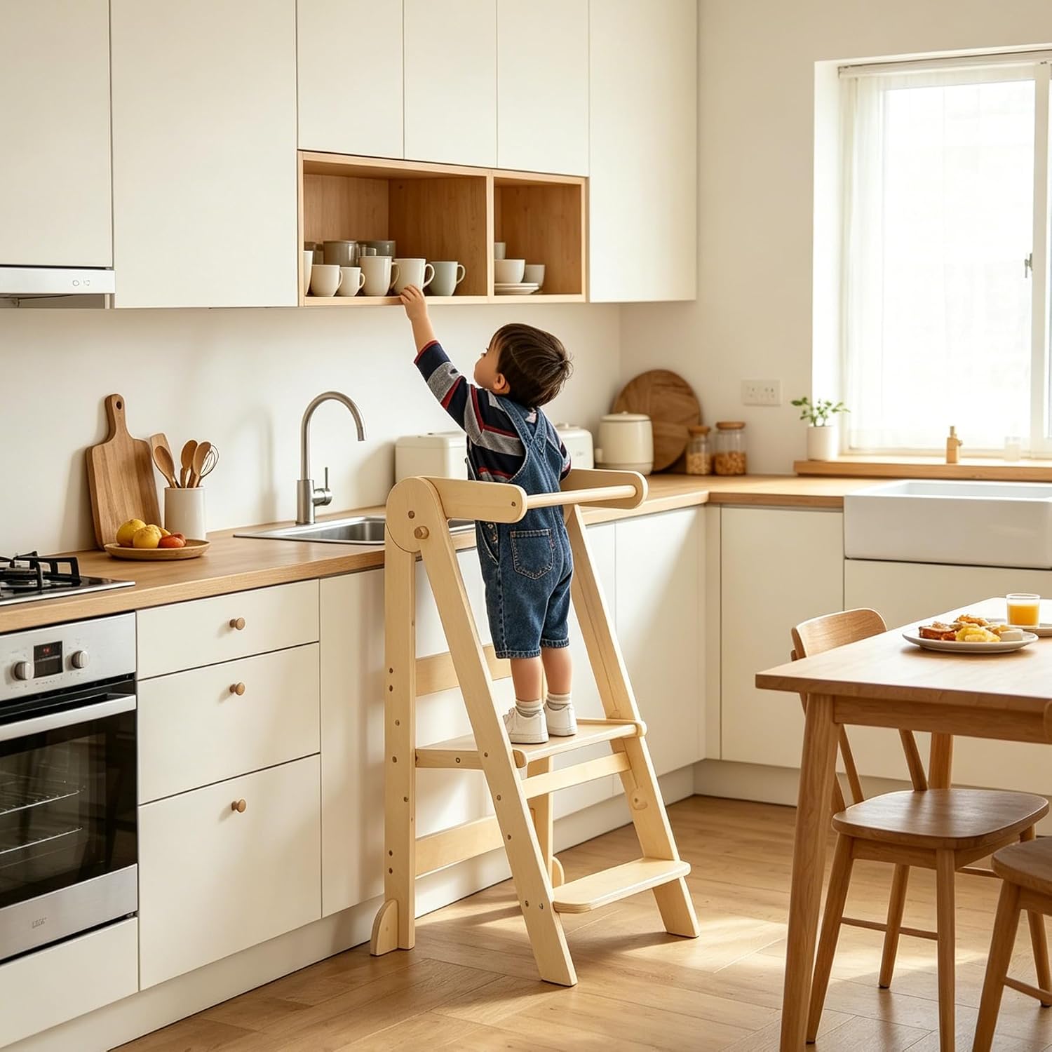 Foldable Kitchen Step Tower with 3 Adjustable Heights, Montessori Learning Stool for Kids 18 Months-6 Years, Anti-Slip Standing Helper with Safety Rail, Space-Saving Design for Kitchen,Bathroom