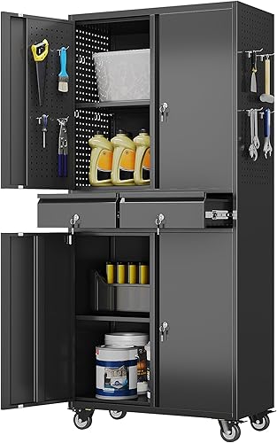 Miniatura 13 de Aobabo Armario de almacenamiento de garaje con tablero de clavijas de puerta, armario de almacenamiento de metal con cerradura con 5 estantes