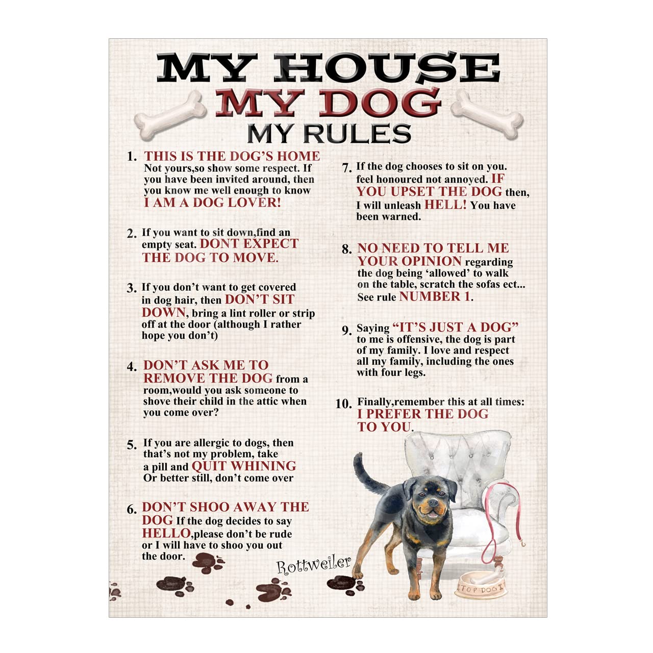 Rottweiler Dog Metal Sign Plaque My House Rules 10x8in ref8012