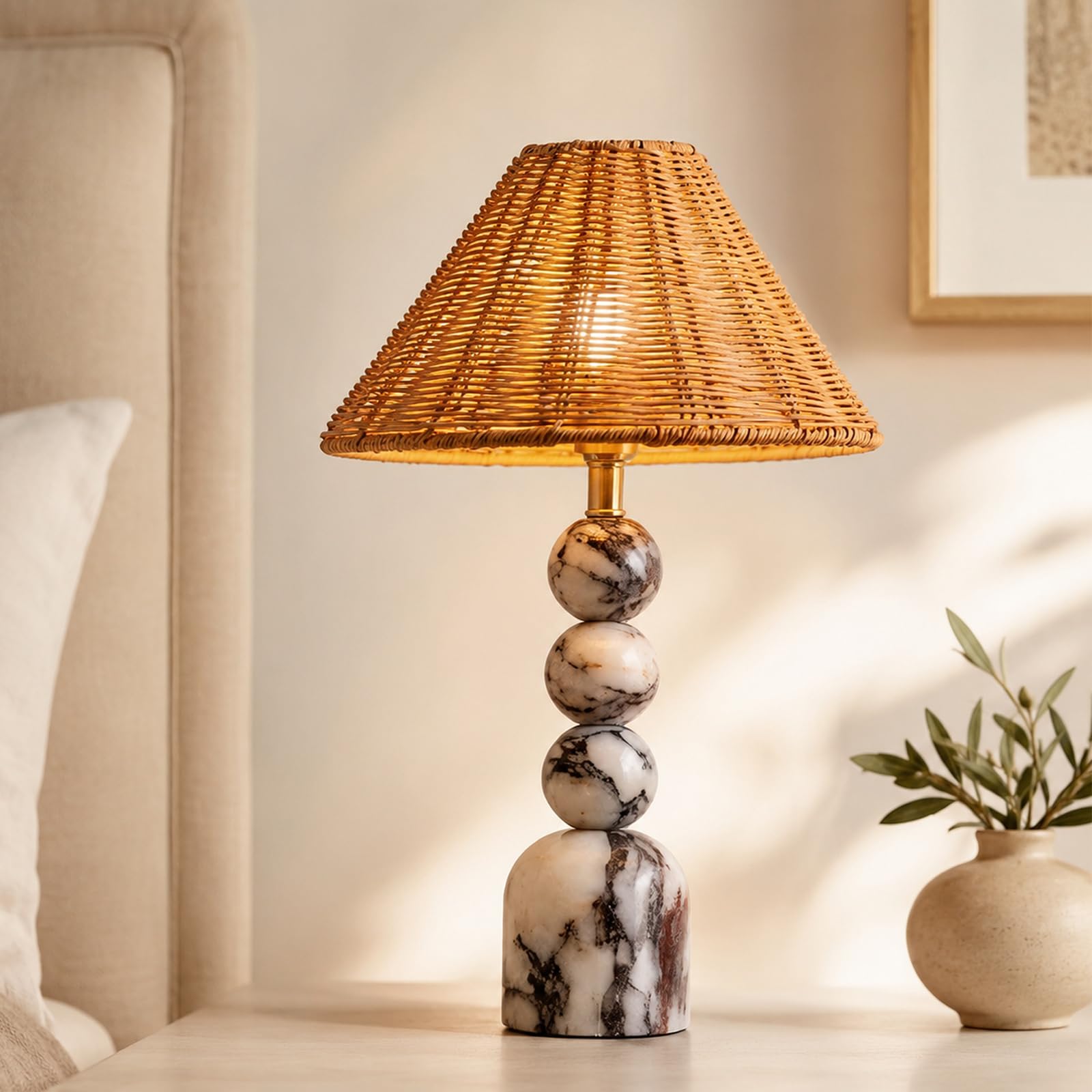 KlkrzJwy Marble Table Lamp Rechargeable Cordless Rattan Table Lamp With Genuine Marble Stacked Ball Base Touch Dimmable 3 Color Temperatures 15.7" Stone Lamp For Bedroom Living Room Bedside
