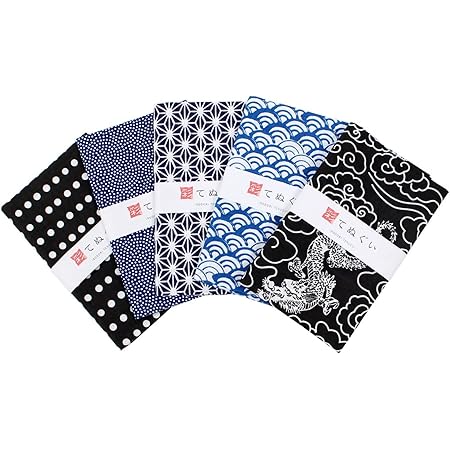 KOMESICHIirodori Japanese Traditional Towel Tenugui Cool Pattern 1 with Fray Prevention Processing Set of 5 with Tenugui Iroha 12.99 x 34.64 in