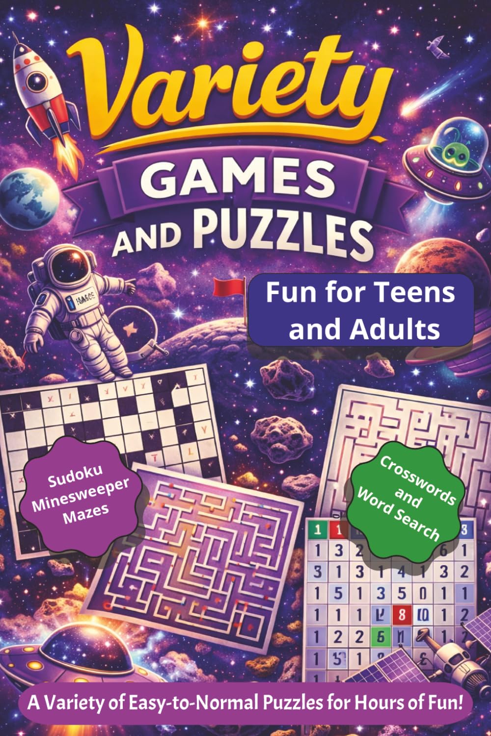 Variety Games & Puzzles - Minesweeper, Sudoku, Word Search, Crosswords, and Mazes: Easy-to-Read Puzzles | 6x9 inches | Lots of puzzles! Ideal for rides, campfires, or as a stocking stuffer