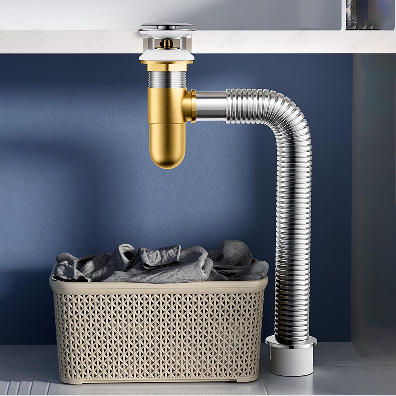 Sifone Lavabo Bagno con Troppopieno,Piletta Click Clack,Anti-Odore,Tubo Corrugato Estensibile,Set Di Scarico Sifone per Lavabo in Ottone