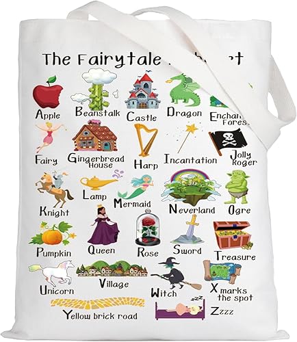 LEVLO Bolsa de lona del alfabeto de cuento de hadas, princesa y villanos, regalo para fanáticos de las brujas, bolsa de hombro de princesa,