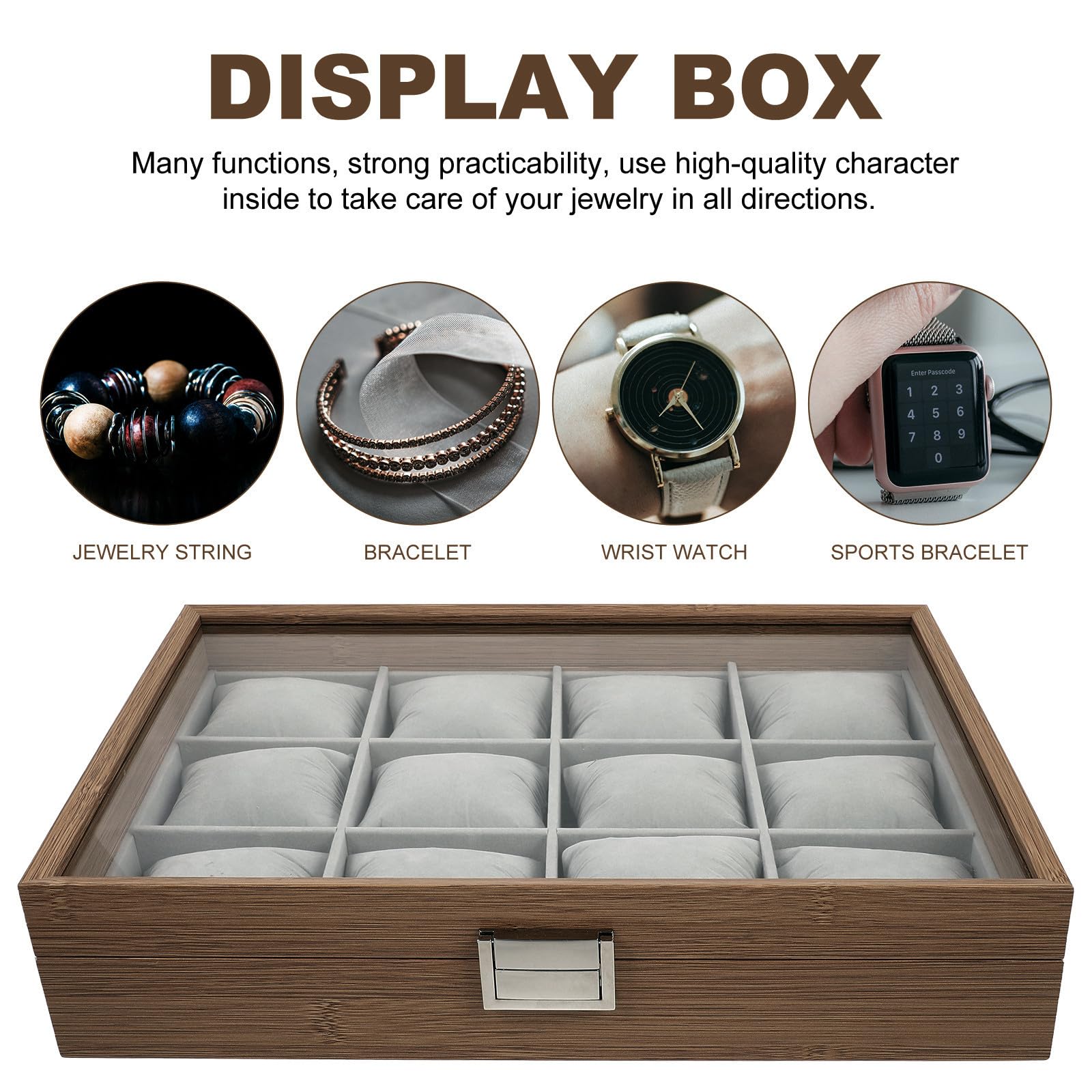 Caja organizadora de relojes de madera con 12 almohadillas removibles para uso personal y exhibición en tienda