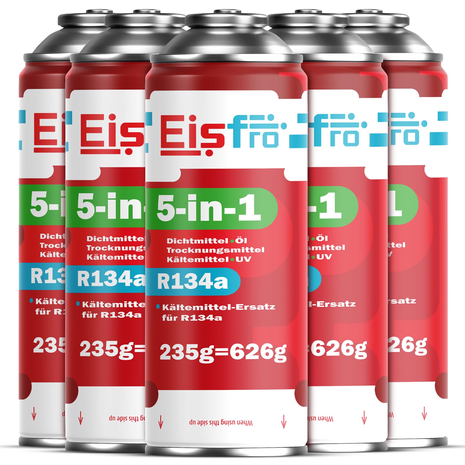 5in1 - Czynnik Chłodniczy R134a x5, 235g Każda Puszka, do Samochodowej Klimatyzacji z Olejem, Uszczelniaczem, Barwnikiem UV, Środkiem Osuszającym - Chroni Kompresor