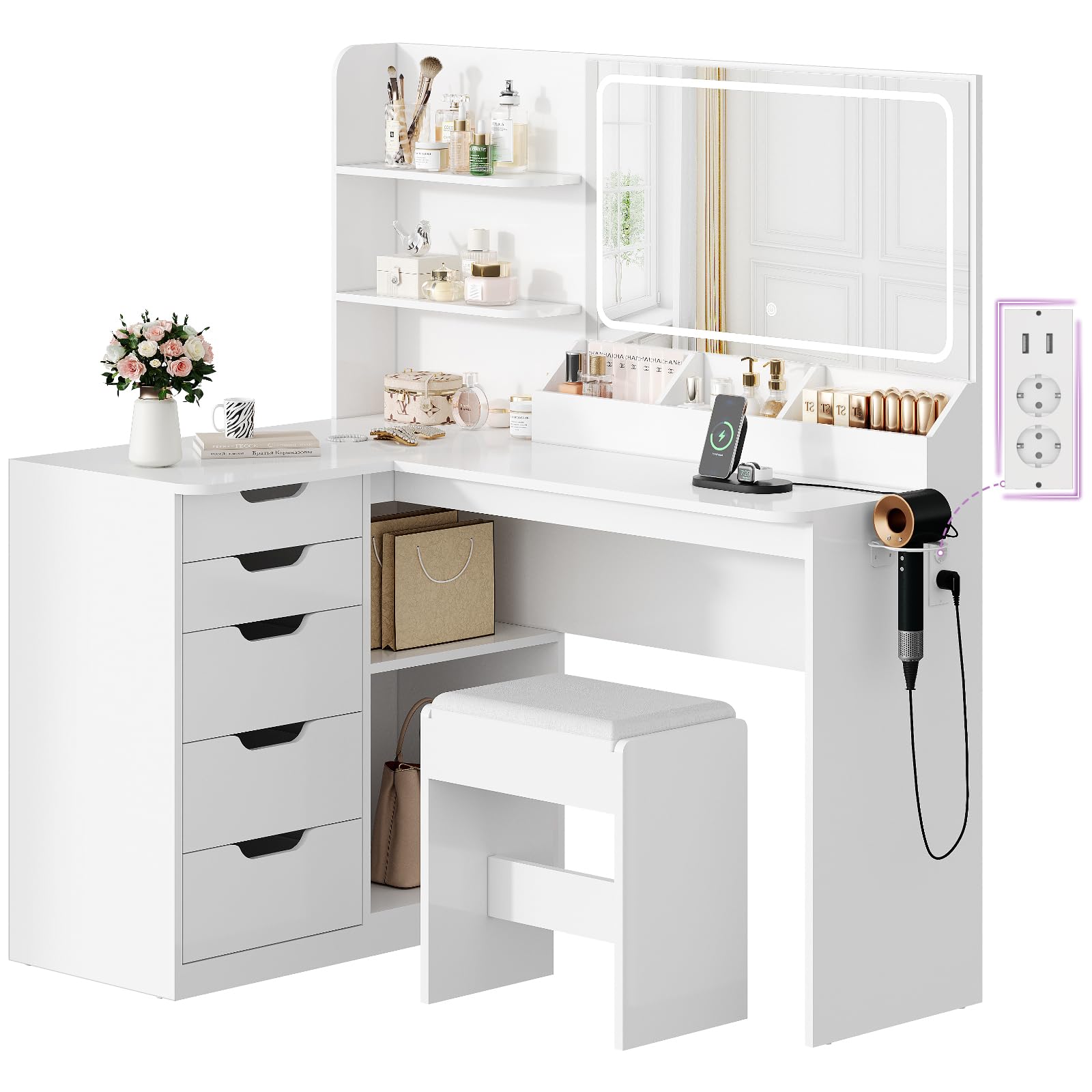 Hoek Kaptafel met LED Spiegelverlichting & Kruk - Wit