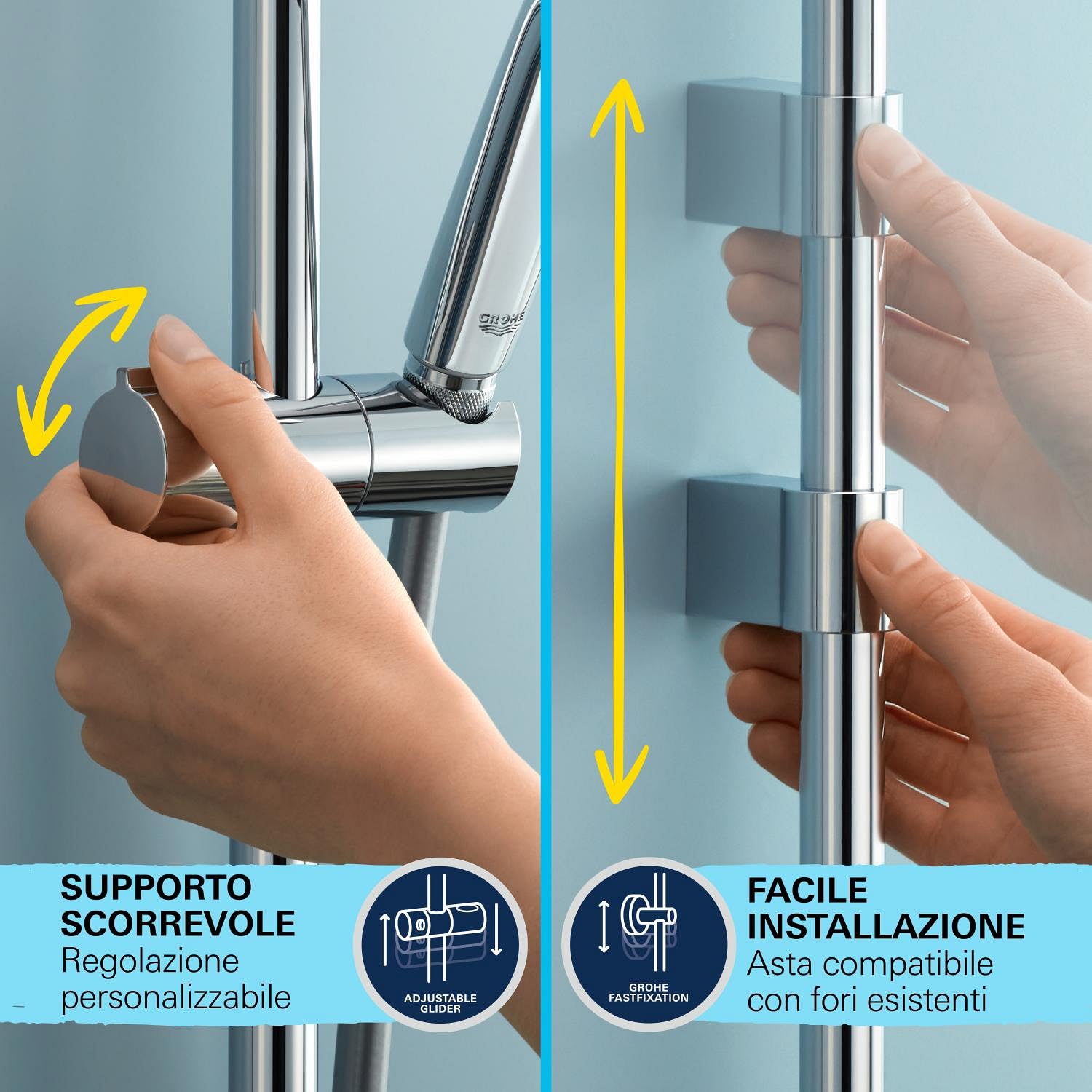 GROHE Vitalio Start 110 Set Saliscendi Doccia (1 getto Rain fisso, asta 600 mm, bordo in silicone antiurto, SpeedClean anticalcare), Cromo, 27942001