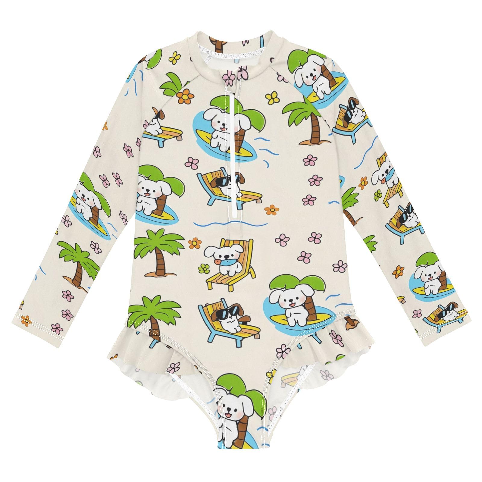 ALAZA Swimsuit for Girls Long Sleeve Rashguard Bathing Suit Puppy Palm Tree Quick Dry 4T