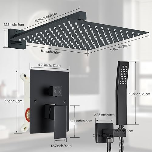 Miniatura 38 de Juego de grifo de ducha de níquel cepillado con cabezal de ducha de lluvia de 12 pulgadas y rociador de mano montado en la pared con válvula