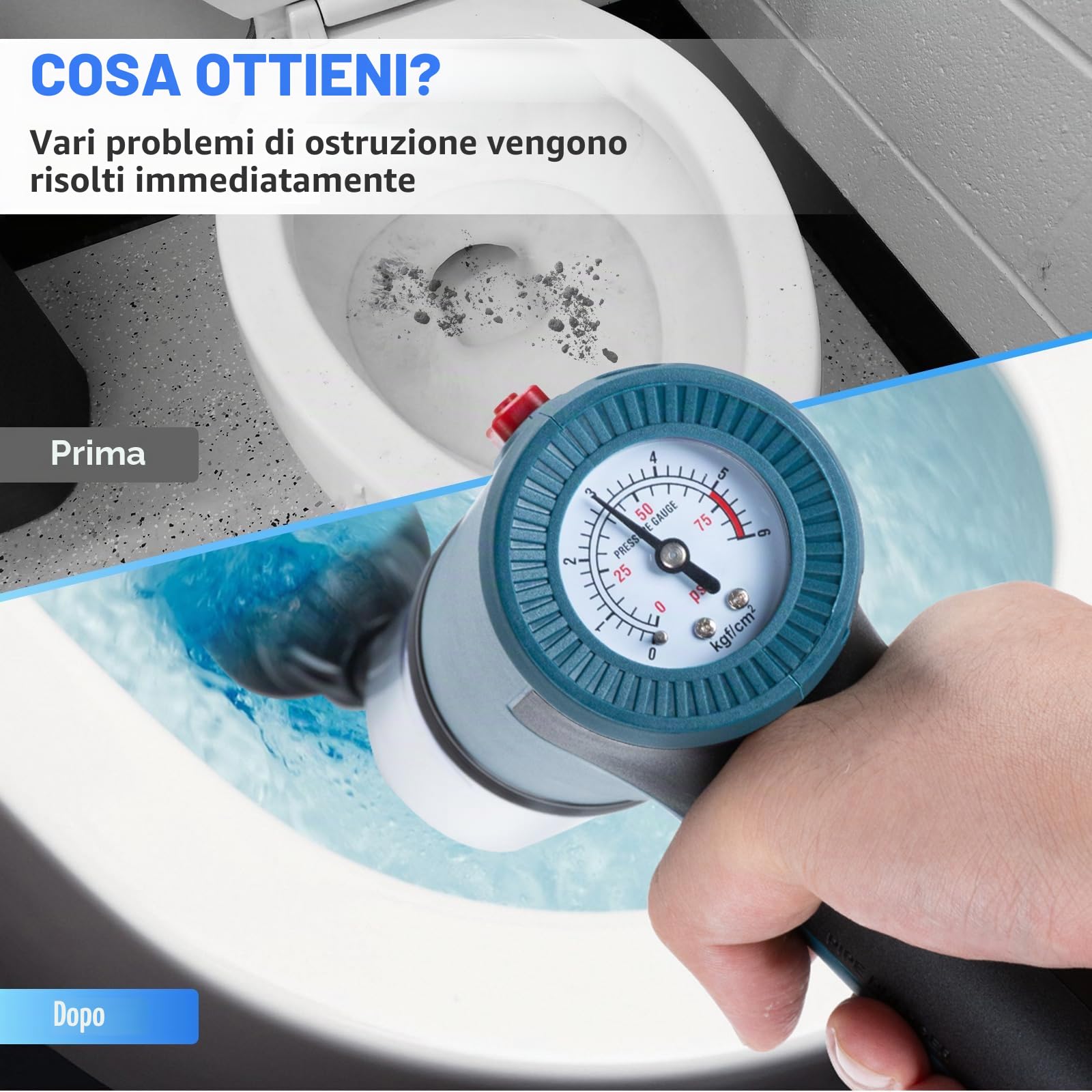 Potente sbocco per WC elettrico con testa girevole a 360°, pompa sbocchi con 3 teste sostituibili, sboccatore a pompa per sbloccare WC vasche da bagno lavelli e canalisatio
