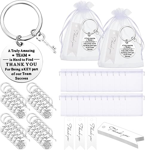 Kigeli 72 piezas de regalos de agradecimiento a granel para empleados, 24 llaveros inspiradores para compañeros de trabajo, 24 bolsas de organza