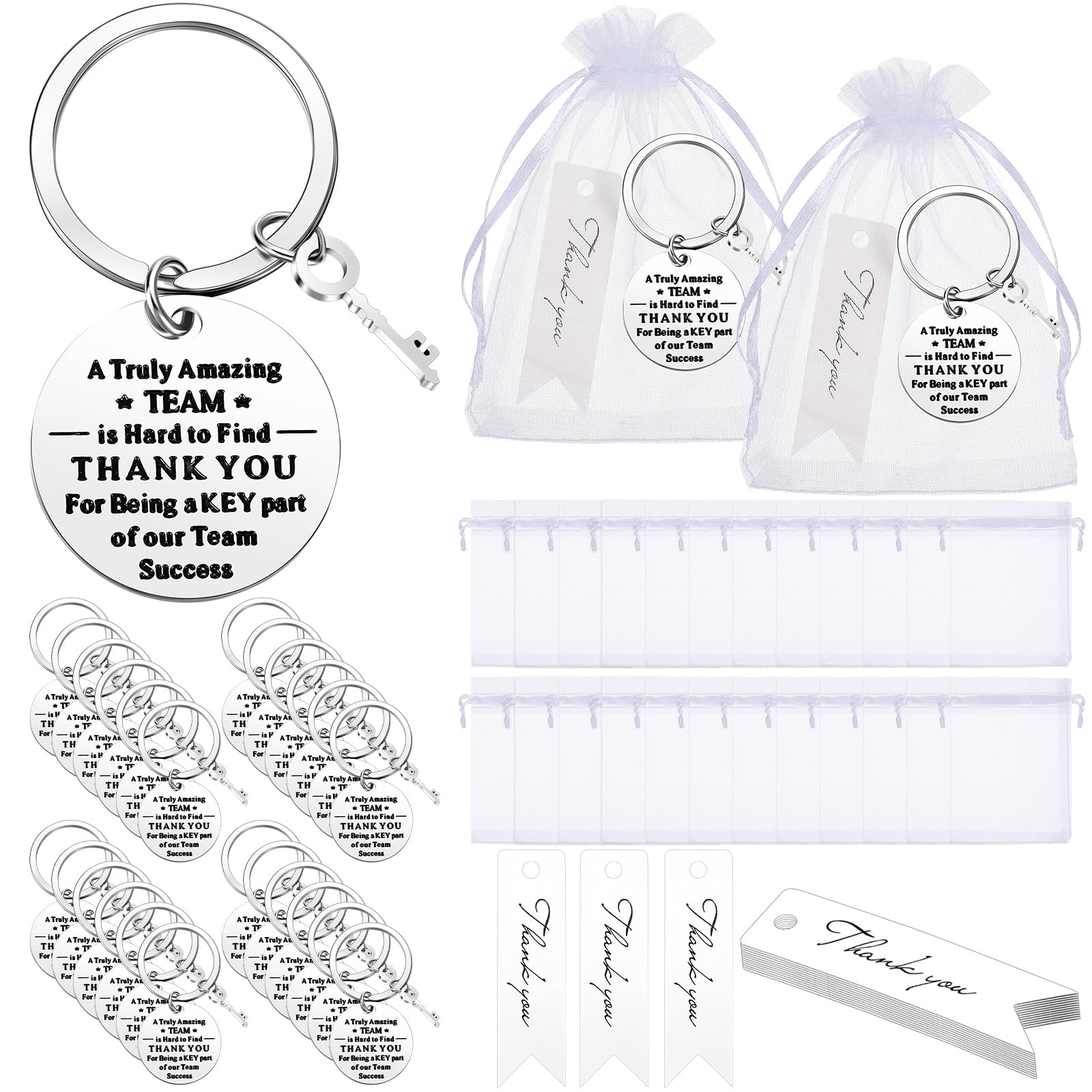 72 Pcs Thank You Gifts Bulk for Team Employee Appreciation Gifts 24 Coworkers Inspirational Keychains 24 White Organza Bags 24 Thank You Cards for
