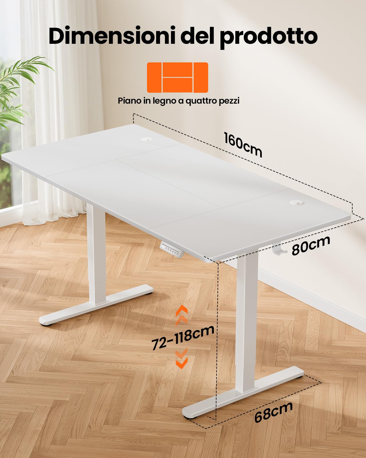 ErGear Scrivania Regolabile in Altezza da Ufficio, 160x80cm, Bianca | Regolazione 72-118cm, 4 Memorie, 80kg, <50dB, Telaio Acciaio, 2 Ganci, Passacavi, Piano Assemblato.