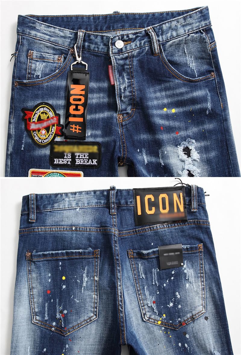 Jeans Uomo Slim Fit Strappati - Pantaloni in Denim Elasticizzato con Effetto Vernice Schizzata, Design Streetwear Ricamati Y2K, Stile Hip-Hop Casual per Outfit alla Moda