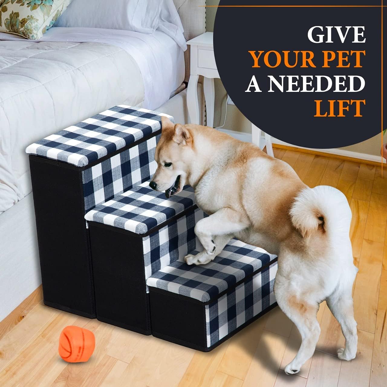 Bundaloo Dog Stairs with Storage - Foldable & Non-Slip 3-Layer Steps for Small & Medium Puppies, Cats - Spacious Compartment for Toys, Treats - Holds up to 100 lbs. - 14.75 x 13 x 18 Inches (Plaid)