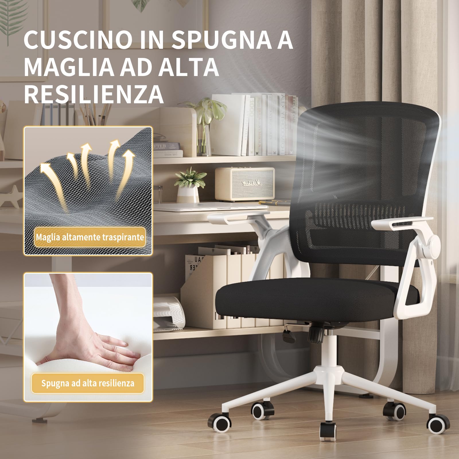 naspaluro Sedia da Ufficio Scrivania Ergonomica, Con Braccioli Pieghevoli, Altezza Regolabile, Seduta e Schienale in Rete Respirante, Girevole con Ruote, Funzione Oscillante Bianco