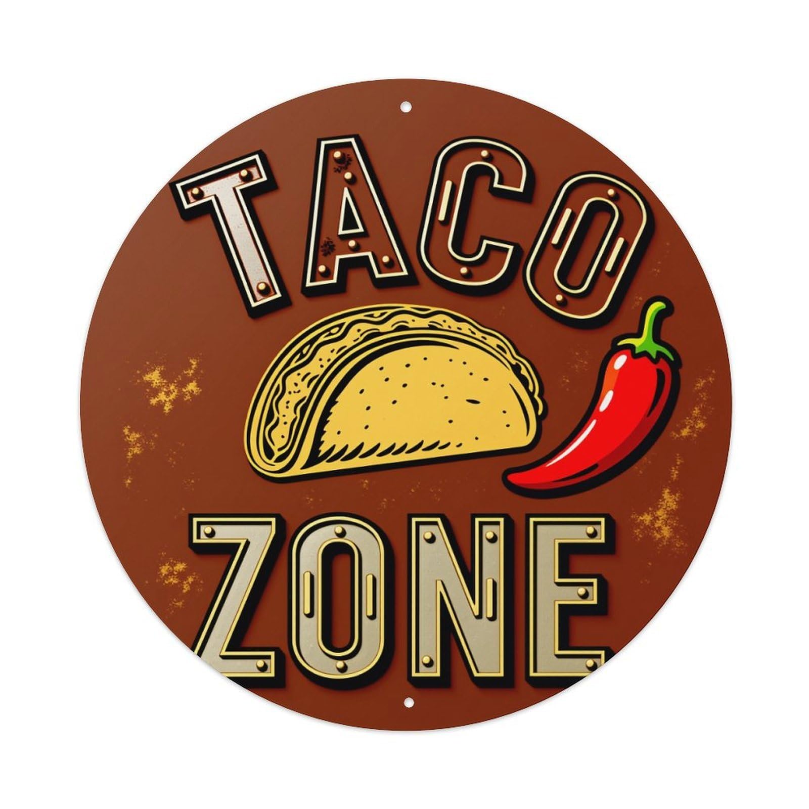 Taco Zone Logo With Taco And Chili Pepper Round Vintage Tin Sign,Retro Wall Art,Metal Poster for Home, Bar, Garage, Cafe, Rustic Indoor & Outdoor Decor, 8x8 Inches