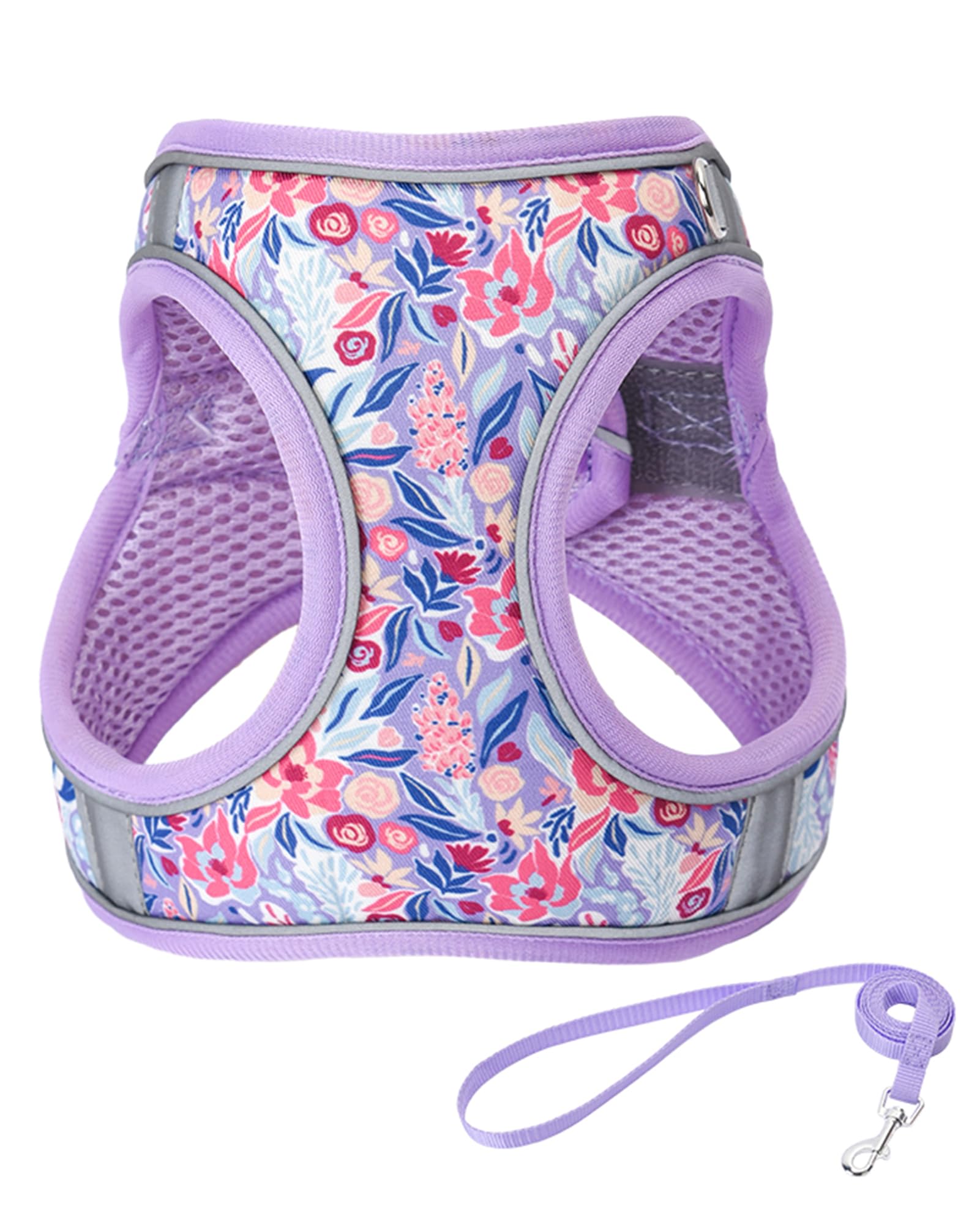 JUFOO Light Purple Flower Pattern Dog Harness and Leash Set,No Escape Puppy Harnesses for Training Walking，Breathable Adjustable Puppy Vest for Small