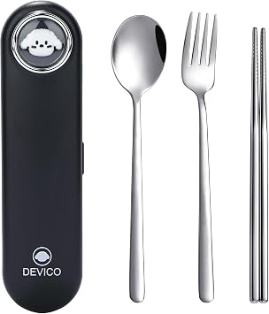 DEVICO Travel Utensils with Case Cute, Reusable Silverware for Lunch, 4Pcs Portable Cutlery Set, 18/8 Stainless Steel Fork Spoon Chopsticks in Cartoon Case, Dishwasher Safe Black