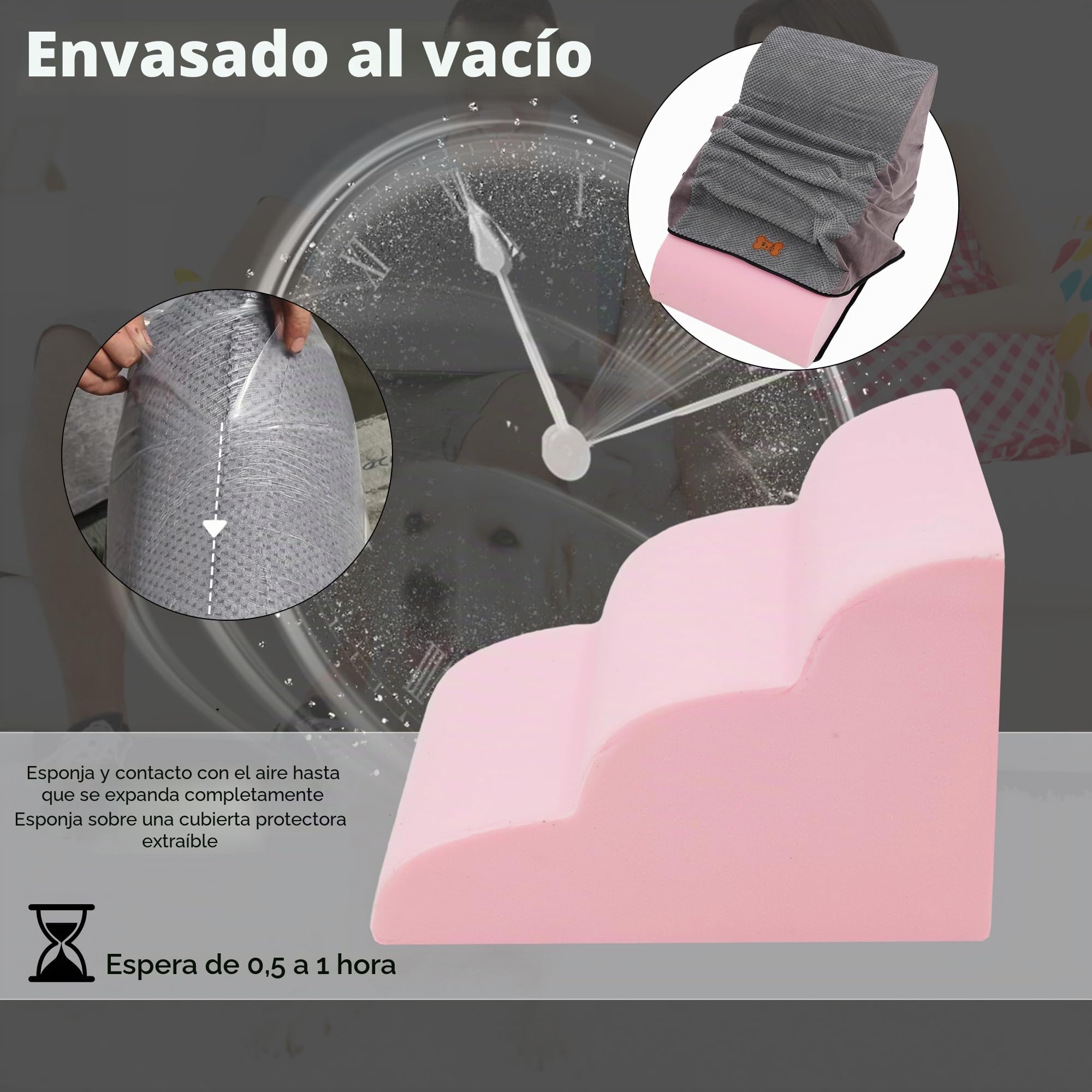 Escalera para perros de 3 peldaños, escalera de esponja para perros, rampa antideslizante para mascotas, escaleras para sofá y cama, con cubierta extraíble lavable, 57 x 40 x 40 cm, gris