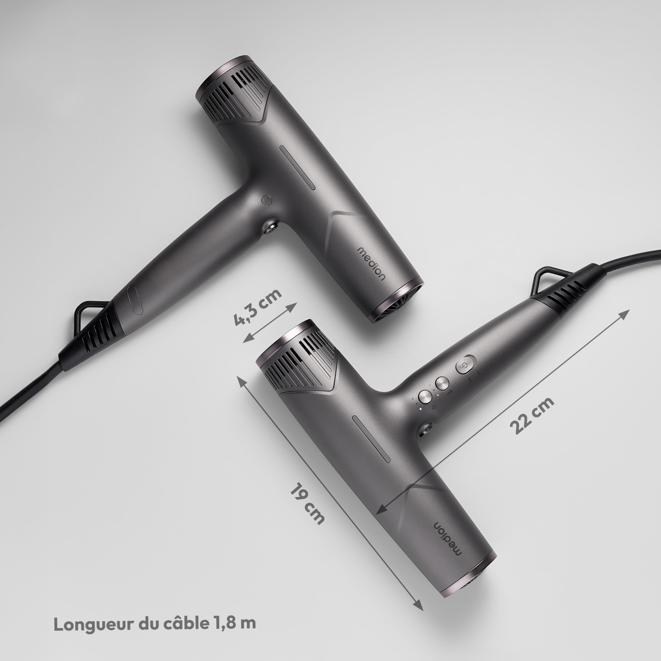 MEDION HD2 Sèche-cheveux (technologie ionique, 1 500 watts, embouts polyvalents Diffuseur & Buse de styling, moteur BLDC longue durée, fonction autonettoyante, long cordon d'alimentation) gris