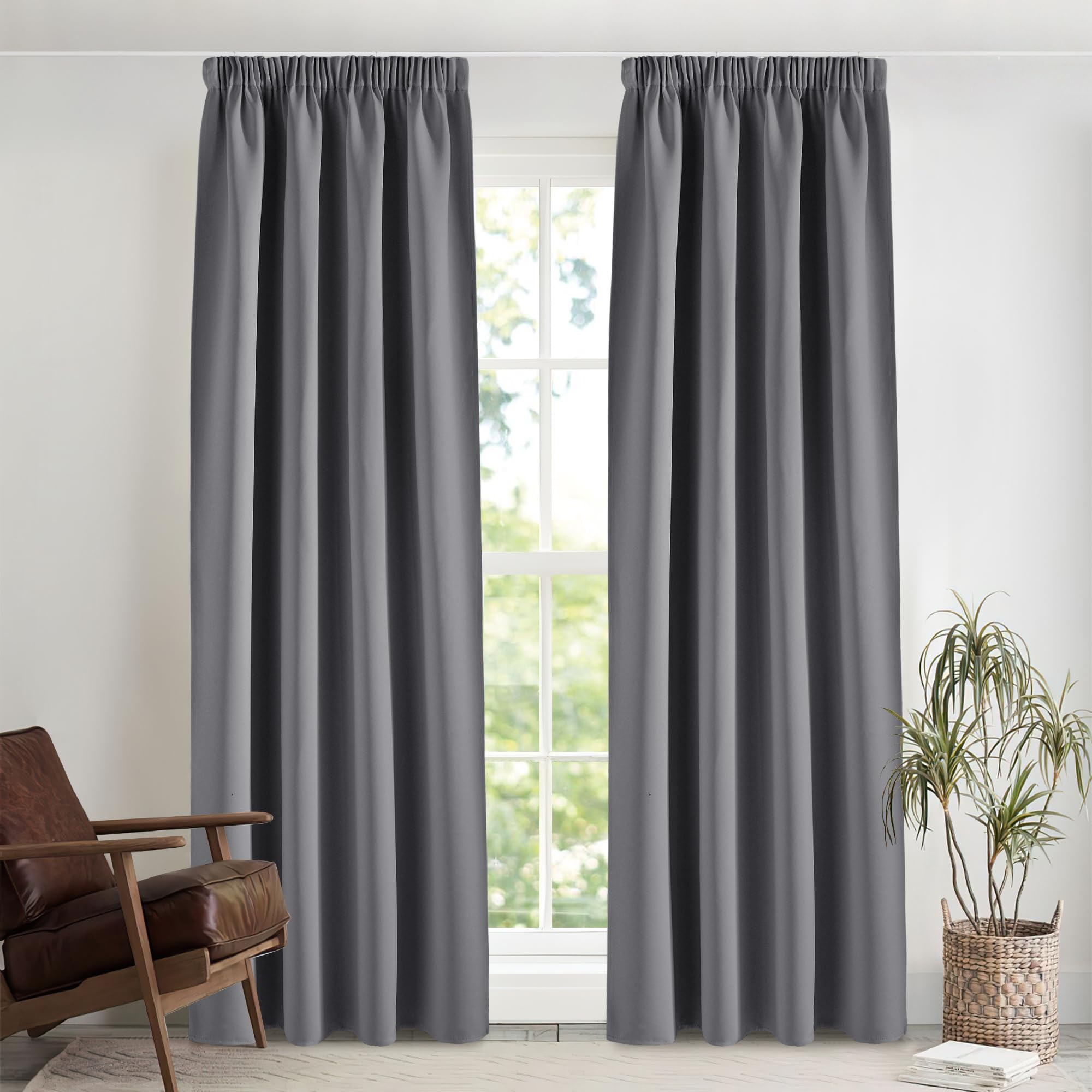 PONY DANCE 90% Verdunklungsvorhänge mit Kräuselband für Schiene 2er Set H 245 x B 140 cm Thermovorhang gegen Hitze Schlafzimmer Gardinen und Vorhänge Grau Blickdicht Curtains for Living Room