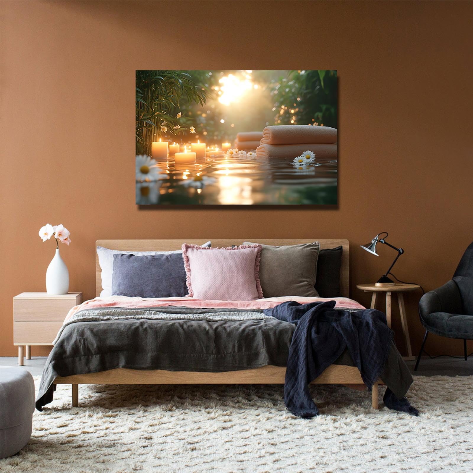 SHENGPOSTER Obrazy Na Płótnie Nowoczesne Boho Las Bamboo Las Spa Świeca Ręcznik Biały Daisy Wall Art Canvas Obraz Do Pokoju Salon Sypialnia Gotowy Do Zawieszenia 45 x 68 cm Wewnętrzna Rama