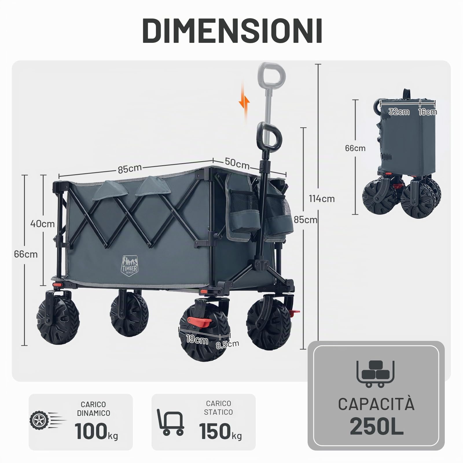 TIMBER RIDGE Carrello pieghevole XXL, 250 L, larghezza con freni, carico 150 kg, con portabevande per campeggio, shopping, giardino