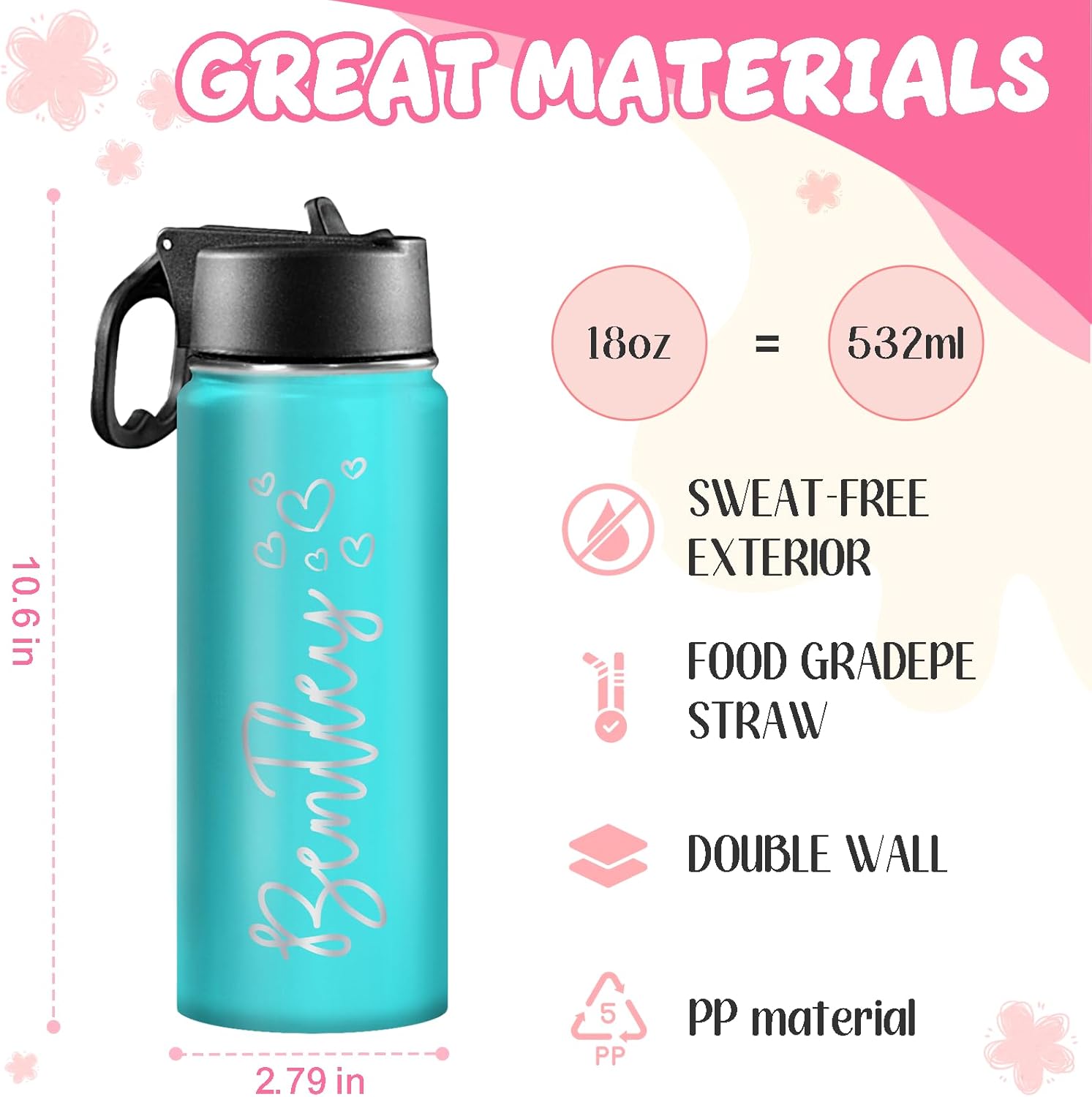 Ships from USA,Personalized Custom Kids Water Bottle Engraved With Name Logo,Custom Insulated Stainless Steel Sports Water Bottle with Straw Lid,Personalized Christmas Gifts for Boys Girls - Image 4